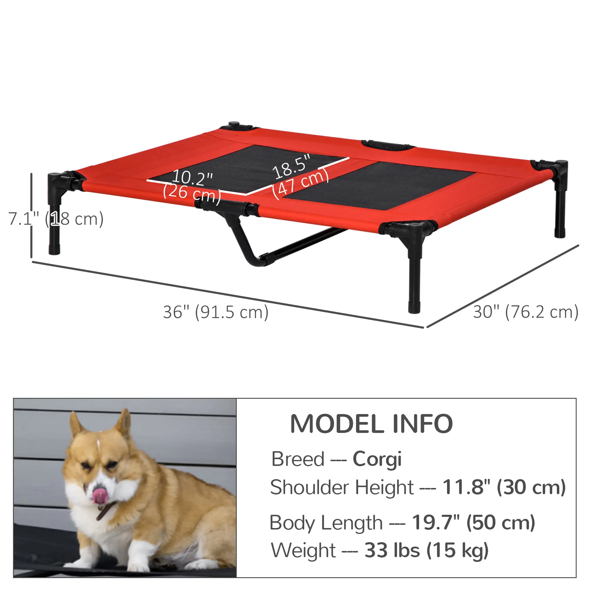Elevated Dog Bed, Raised Cot for XL Dogs, 36" x 30" x 7", Red - Image 3