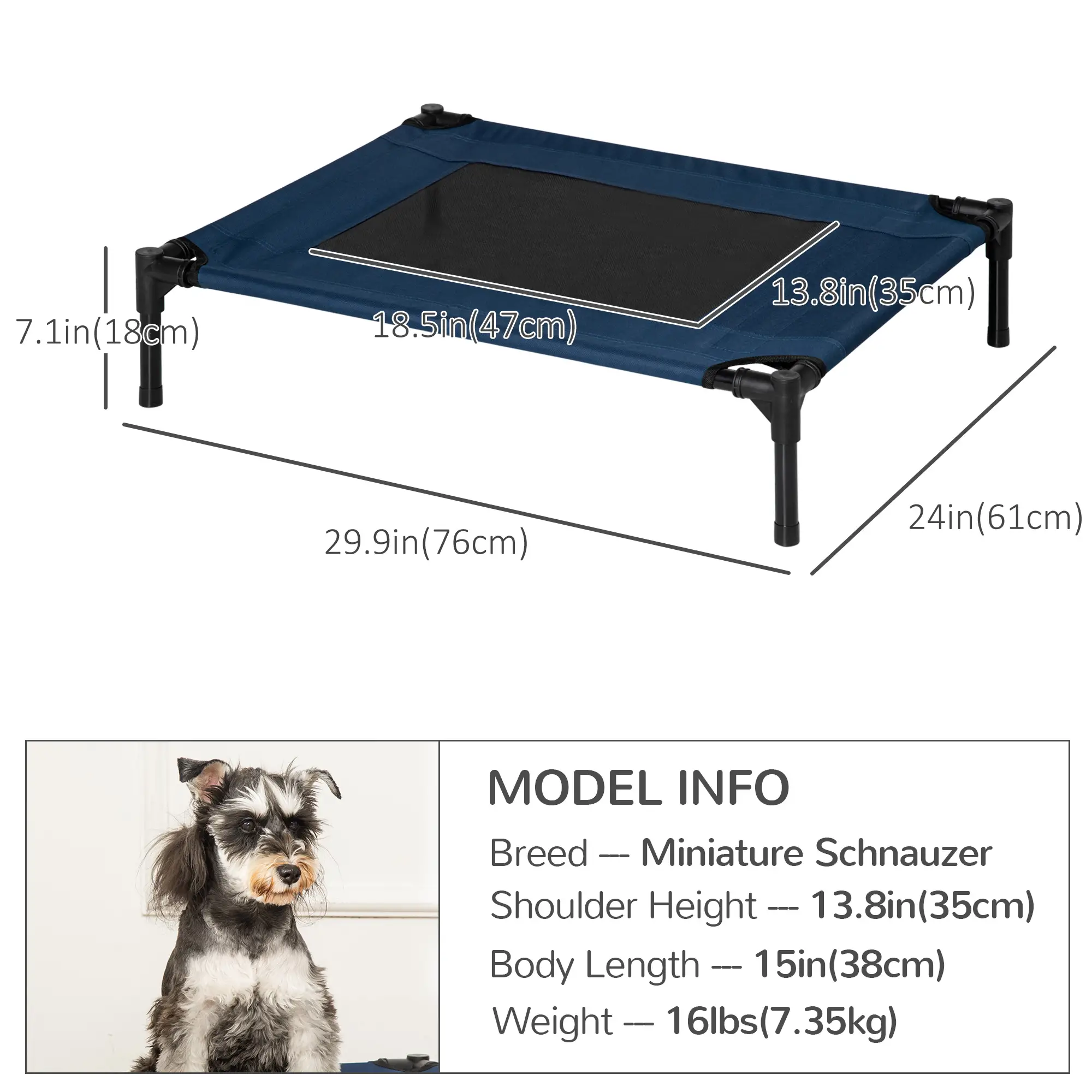 Elevated Dog Bed, Raised Cot, M Size, 30" x 24" x 7", Blue - Image 3