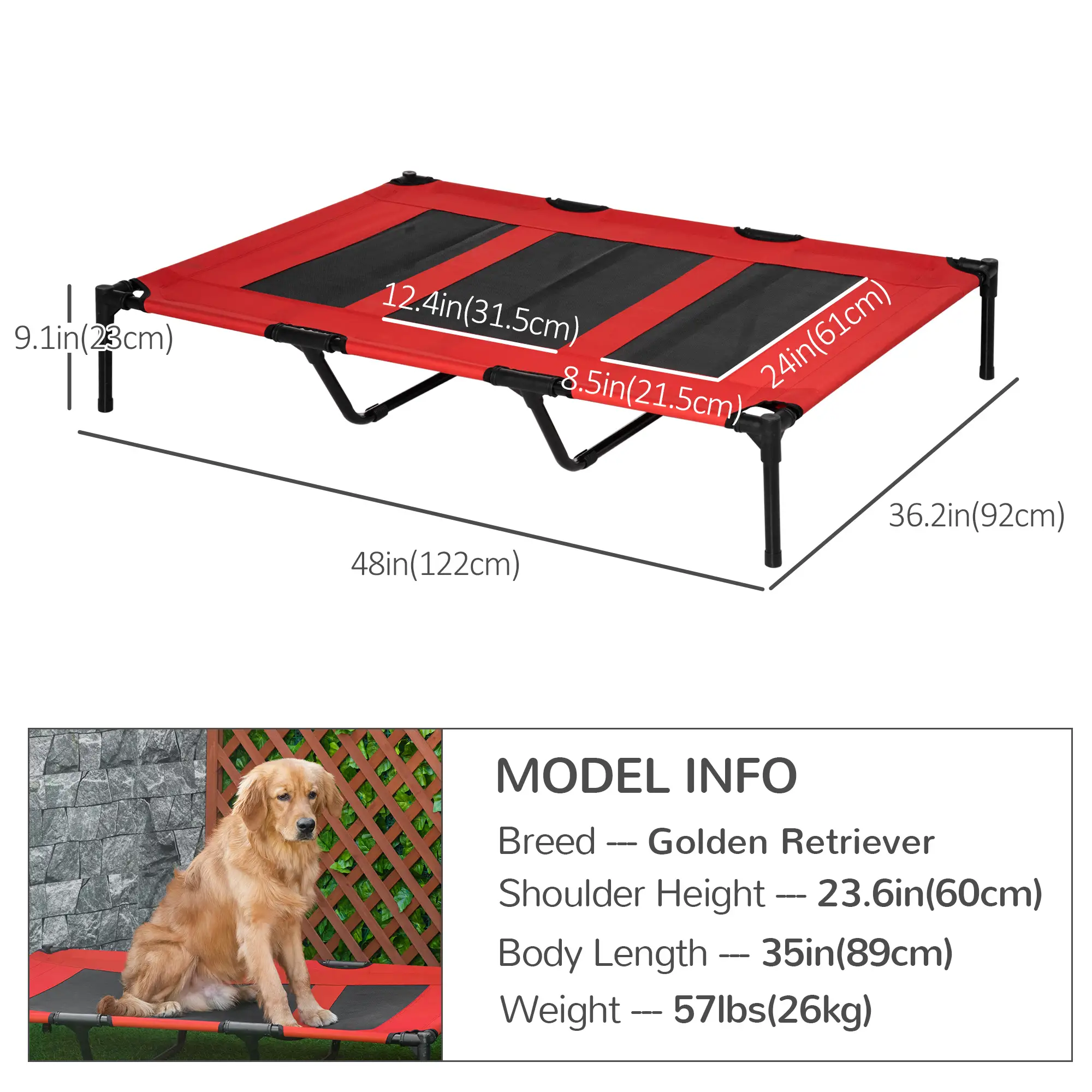 Elevated Dog Bed, Raised Dog Cot, XL 48" x 36" x 9", Red - Image 3