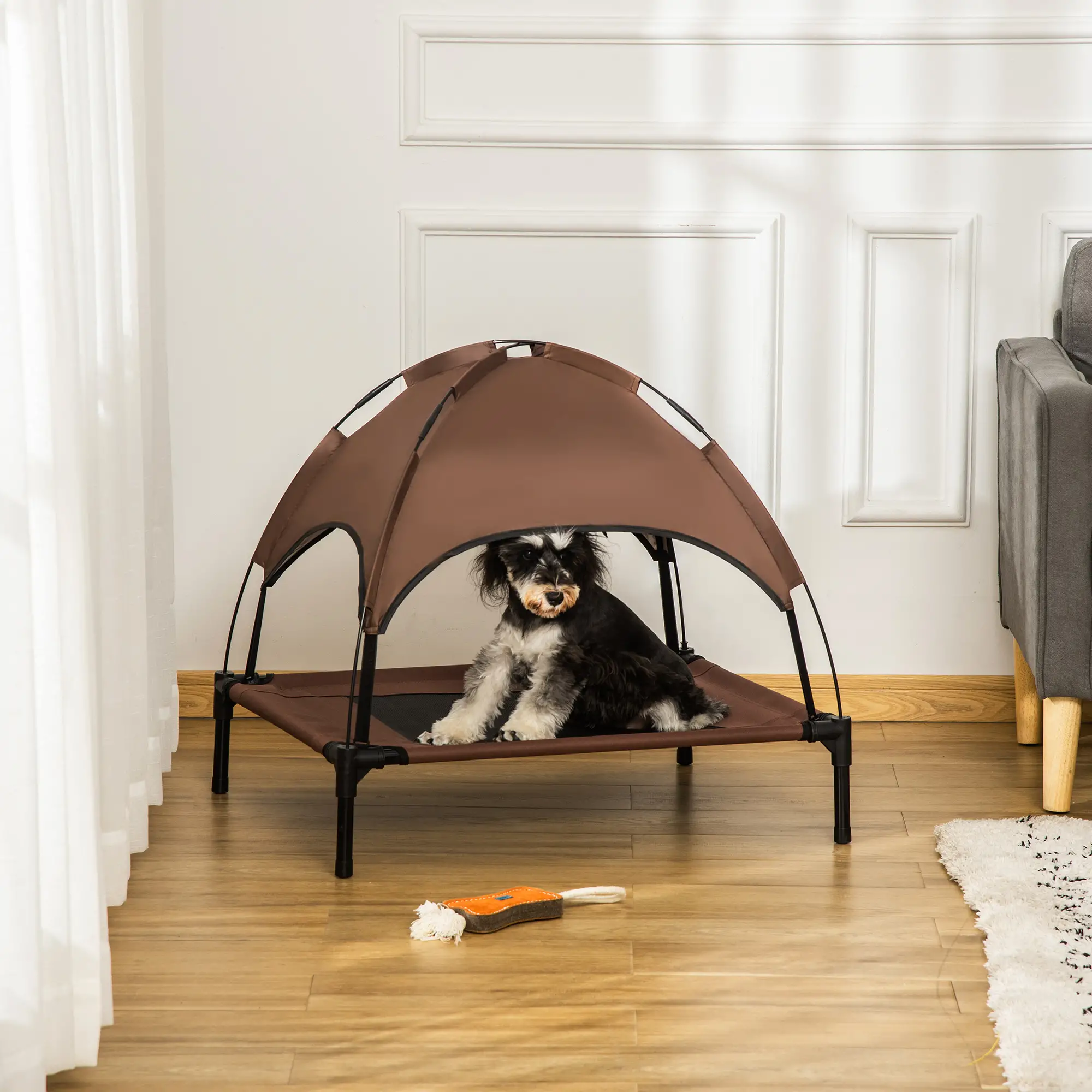 Elevated Dog Bed with Canopy, Portable Dog Cot, 30" x 24" x 29", Coffee - Image 2