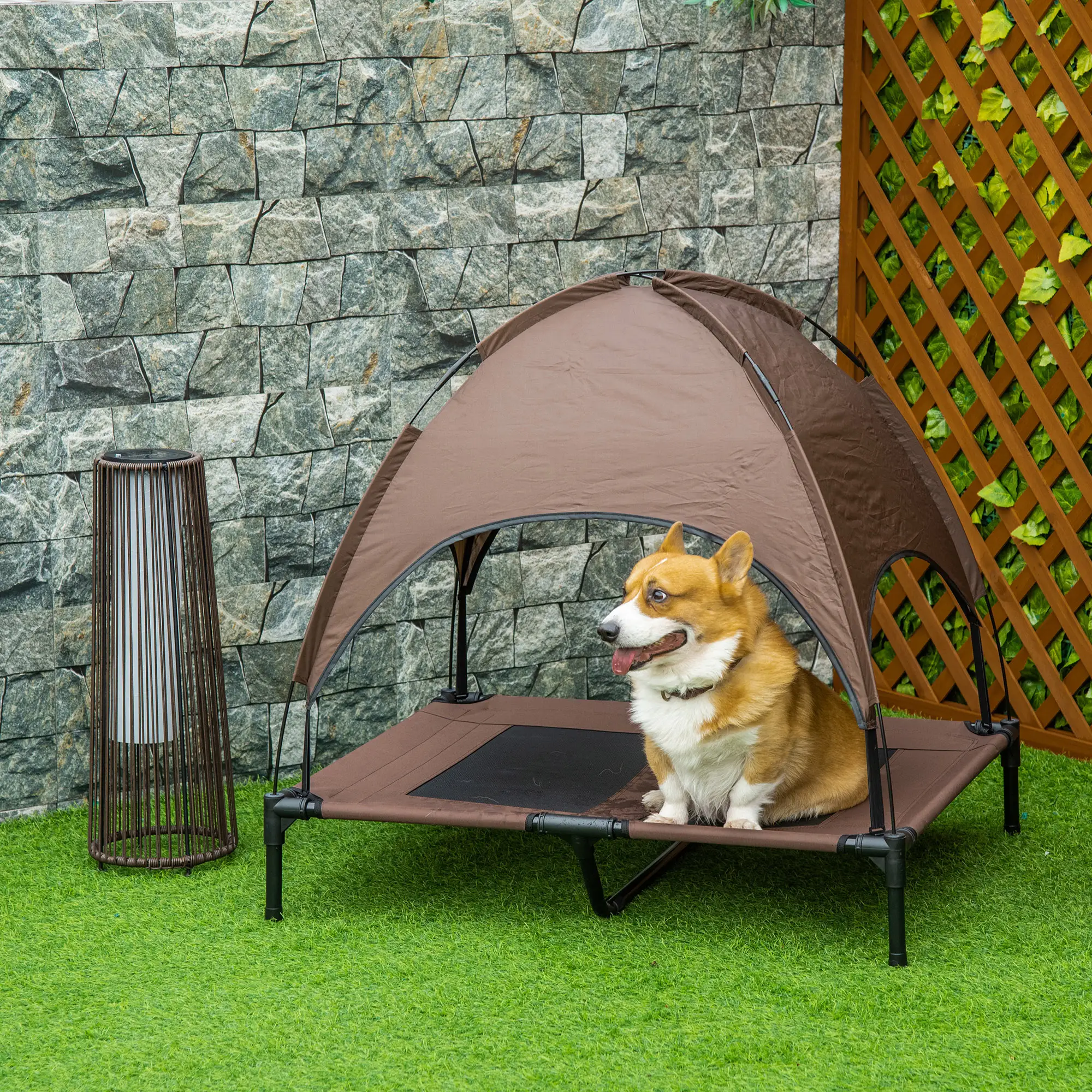 Elevated Dog Bed with Canopy, Portable Dog Cot, L Size, 36" x 30" x 35", Coffee - Image 2