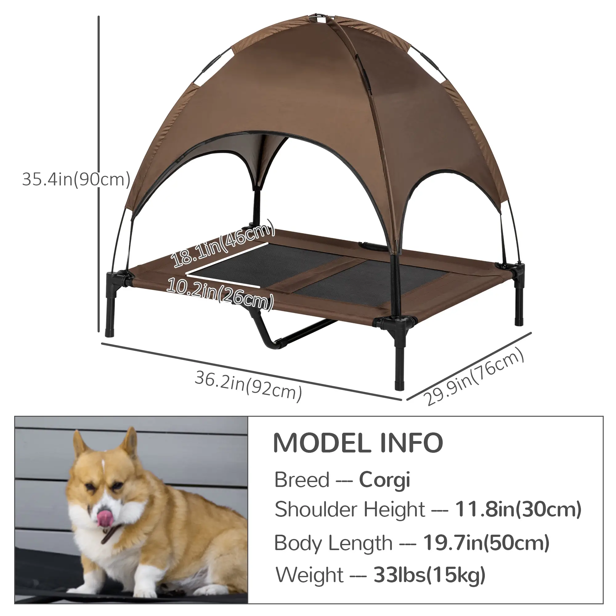 Elevated Dog Bed with Canopy, Portable Dog Cot, L Size, 36" x 30" x 35", Coffee - Image 3