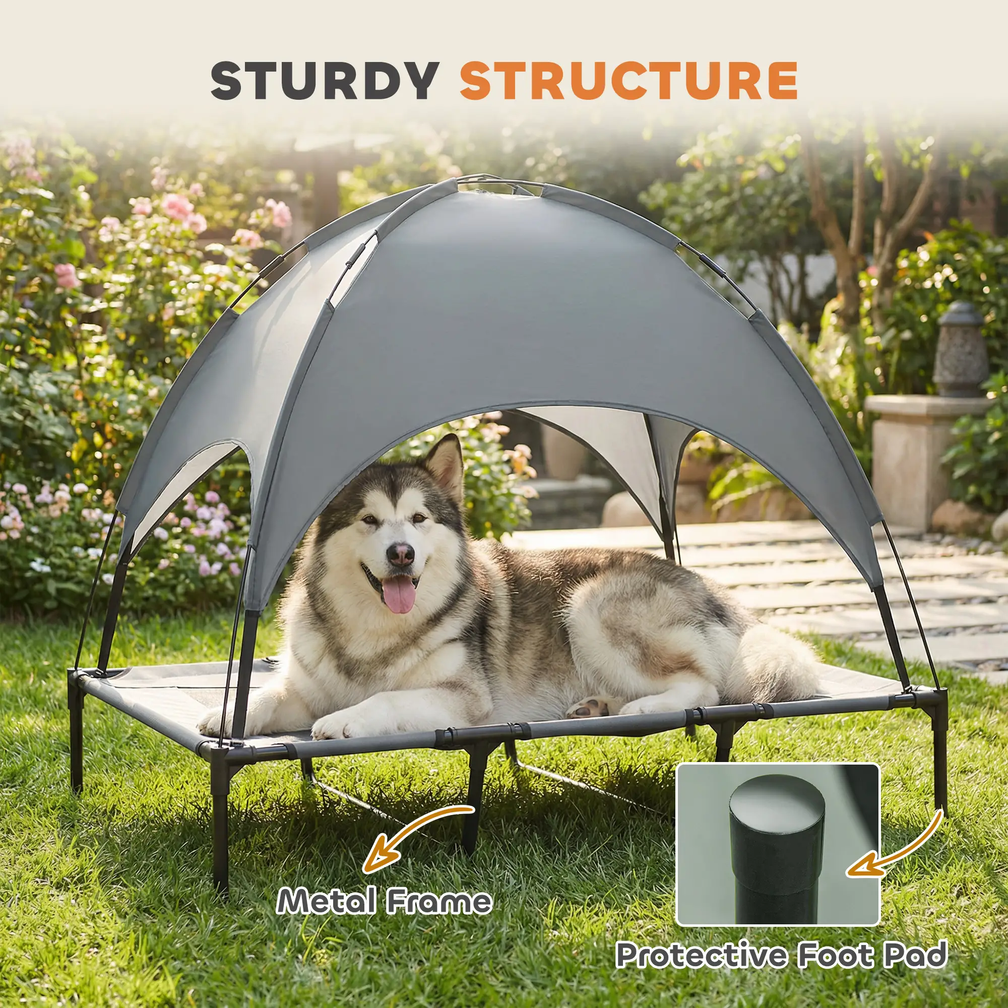 Elevated Dog Bed with Canopy, Portable XL Dog Cot, 48" x 36" x 43", Grey - Image 7