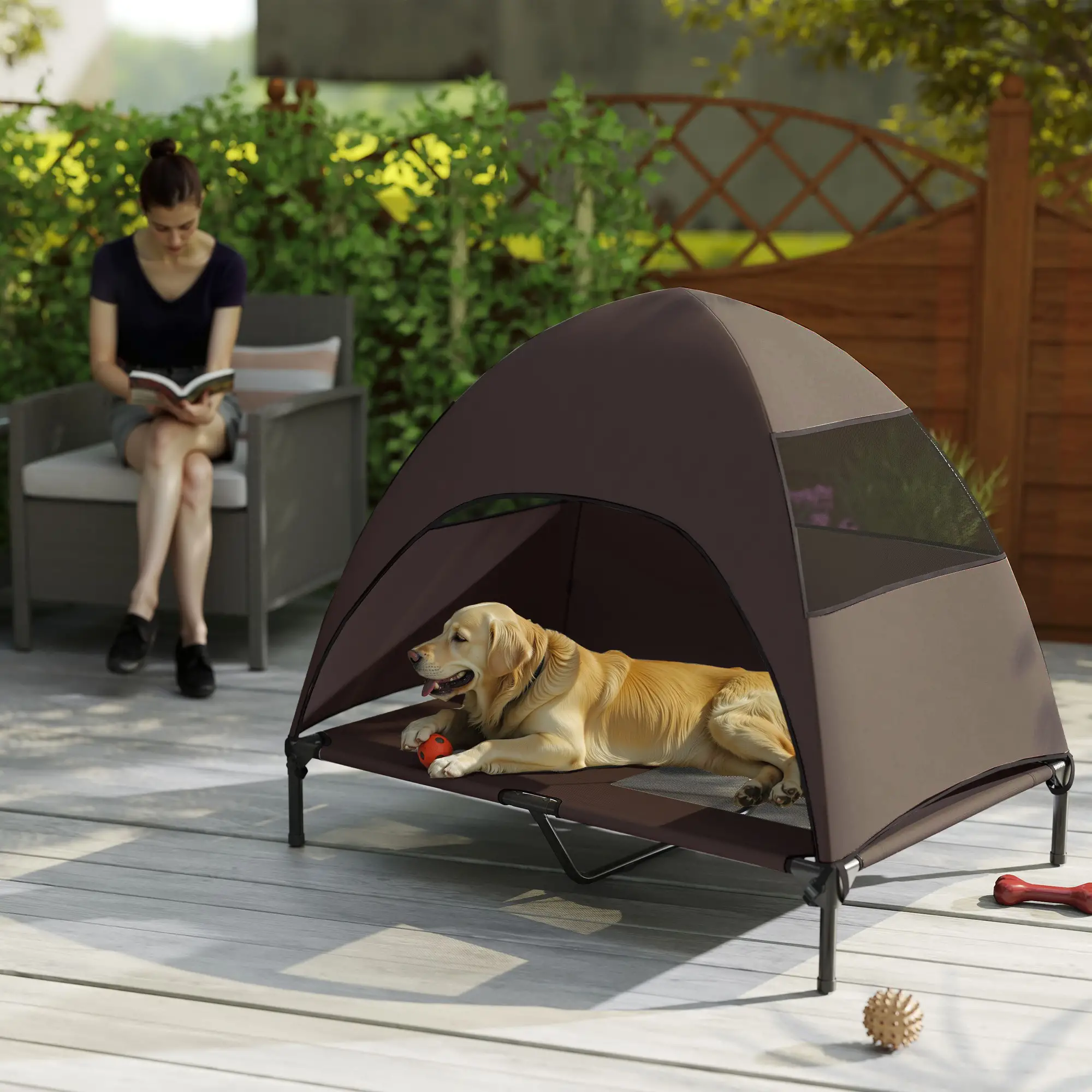 Elevated Dog Bed With Canopy, Washable Mesh Steel Frame, 41.7" x 29.9" x 39", Coffee - Image 10