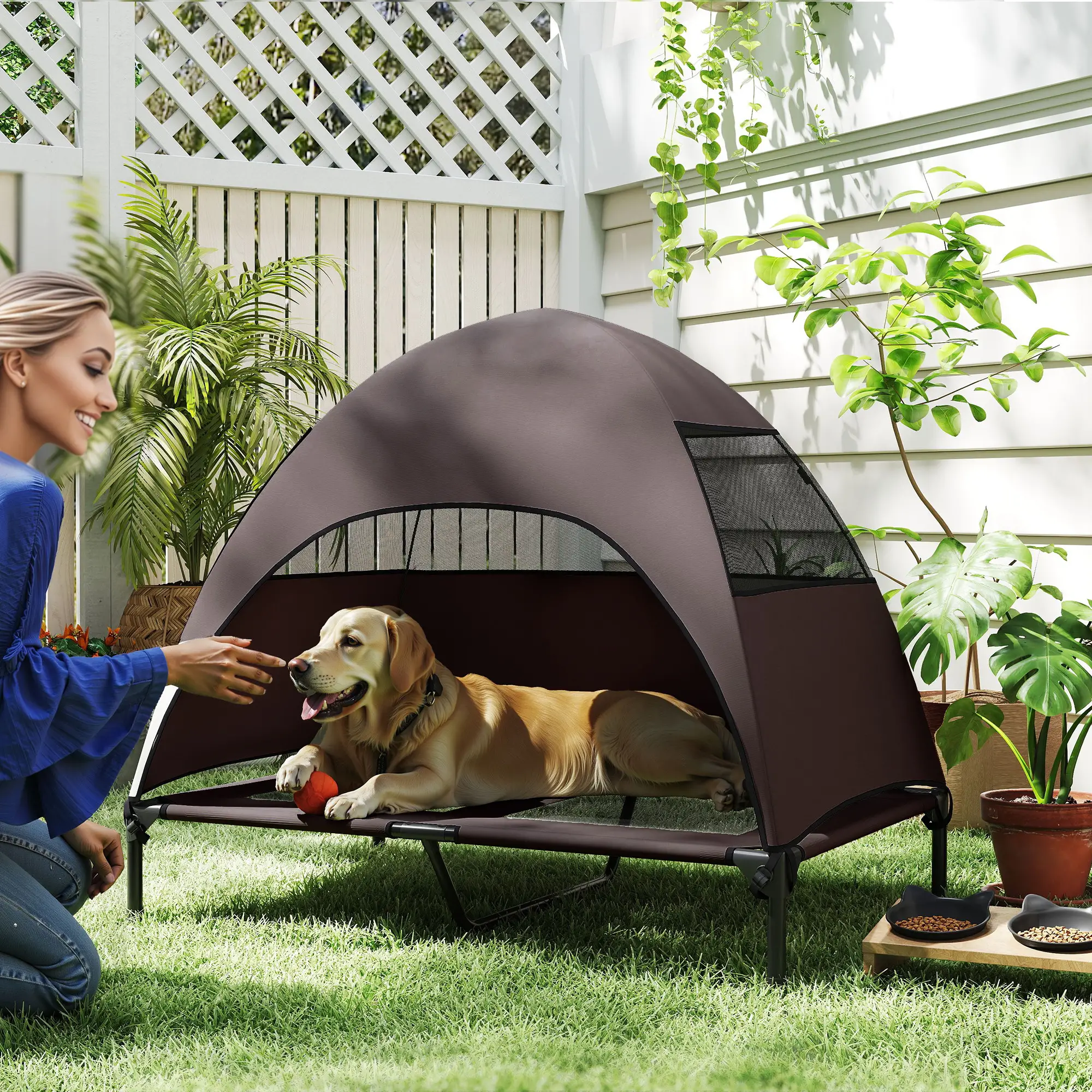 Elevated Dog Bed With Canopy, Washable Mesh Steel Frame, 41.7" x 29.9" x 39", Coffee - Image 2