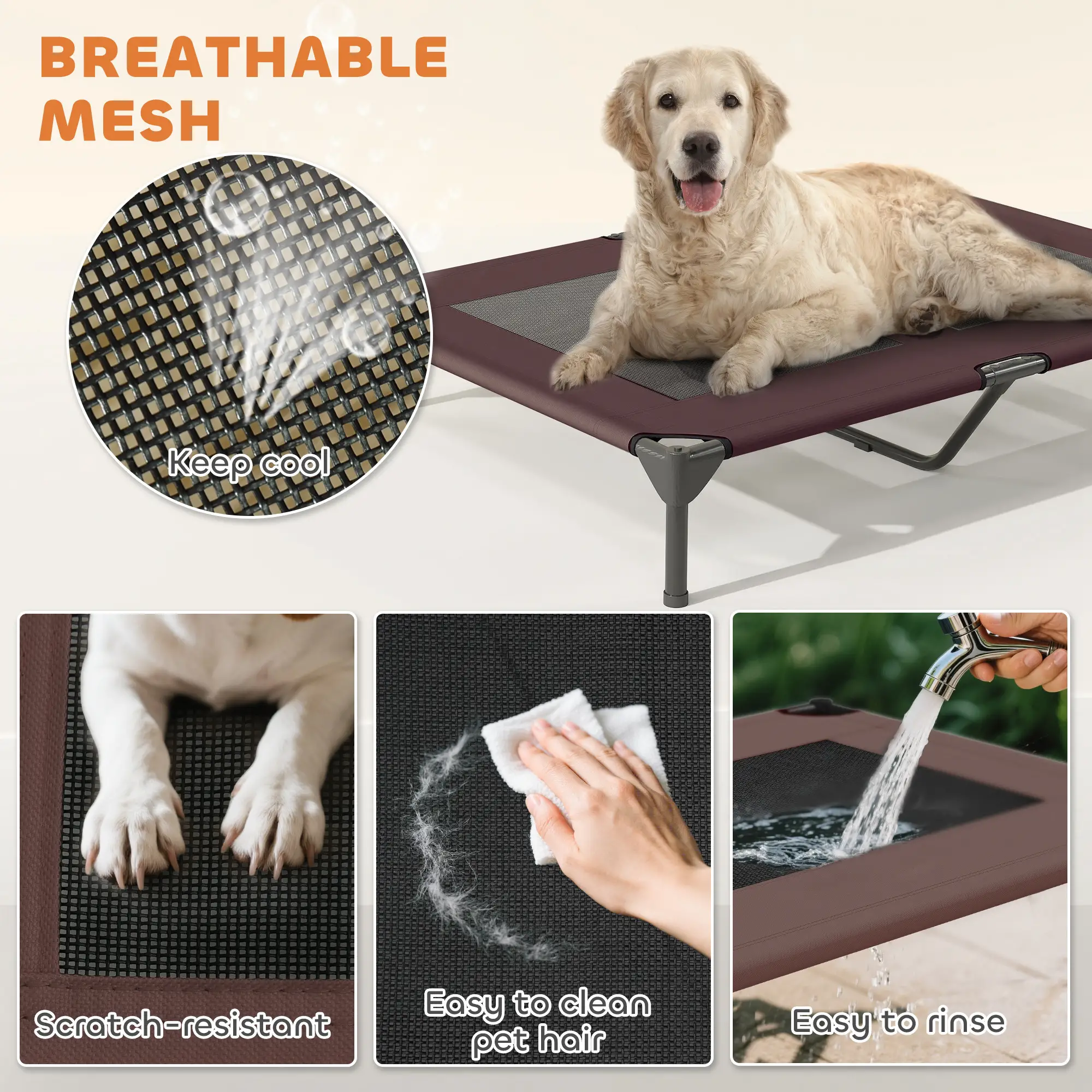 Elevated Dog Bed With Canopy, Washable Mesh Steel Frame, 41.7" x 29.9" x 39", Coffee - Image 6