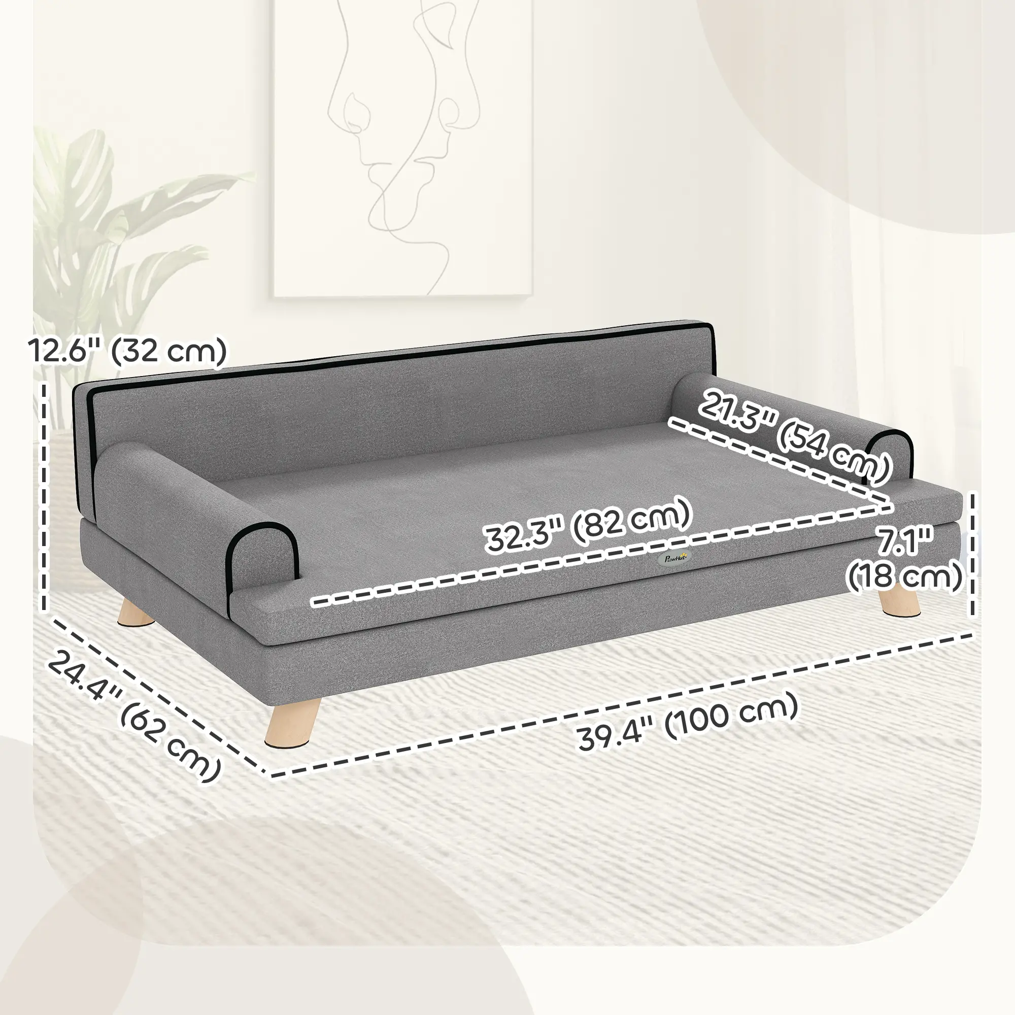 Elevated Dog Sofa Bed, Cat Couch with Cushion, Washable Cover, Wooden Legs, Medium & Large, Light Grey - Image 3