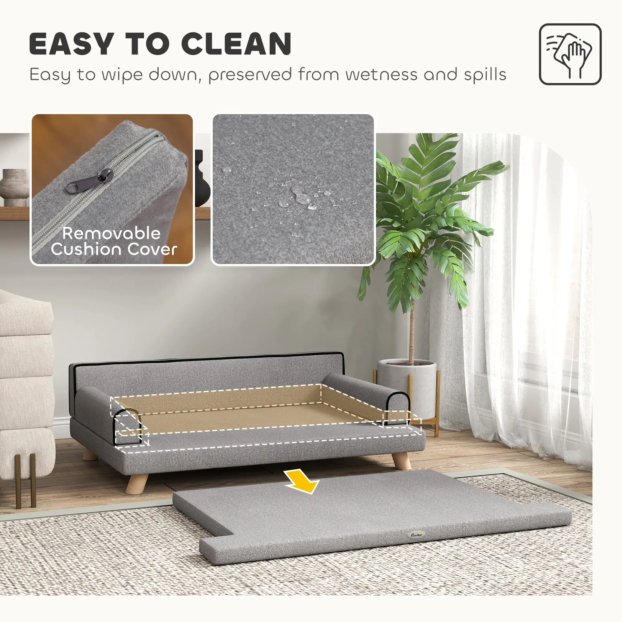 Elevated Dog Sofa Bed, Cat Couch with Cushion, Washable Cover, Wooden Legs, Medium & Large, Light Grey - Image 5