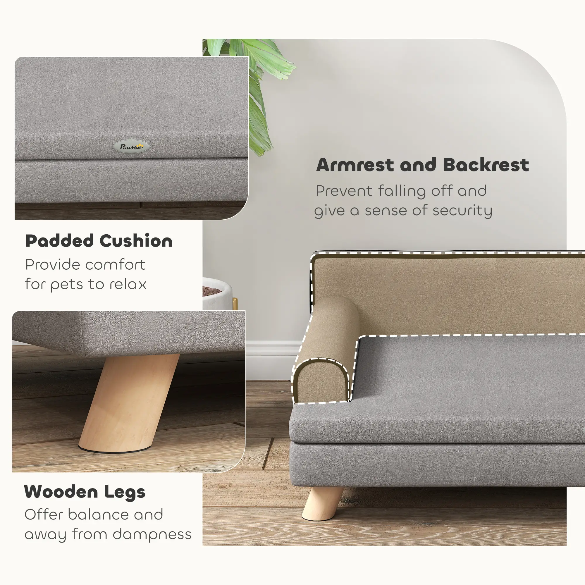 Elevated Dog Sofa Bed, Cat Couch with Cushion, Washable Cover, Wooden Legs, Medium & Large, Light Grey - Image 6