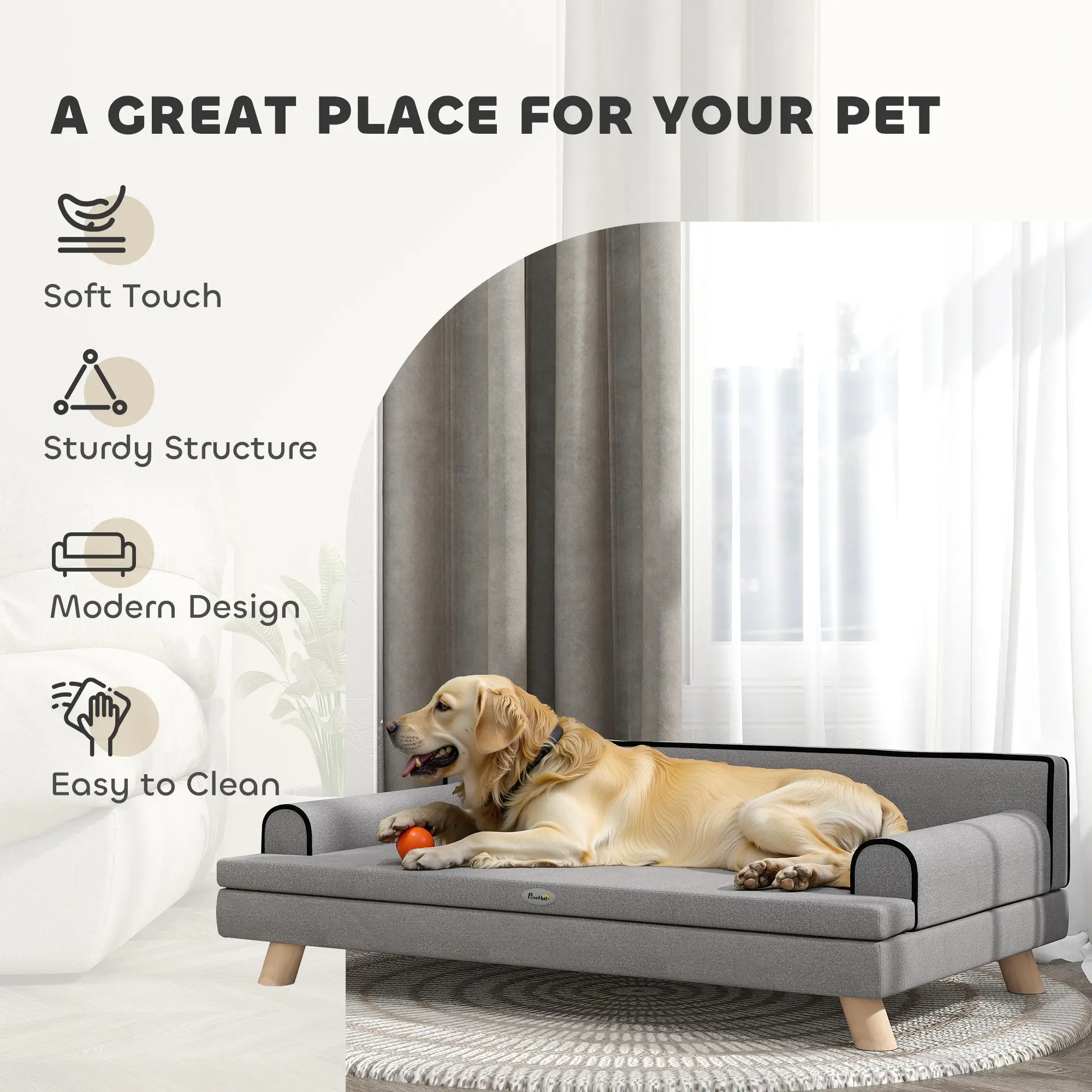 Elevated Dog Sofa Bed, Cat Couch with Cushion, Washable Cover, Wooden Legs, Medium & Large, Light Grey - Image 7