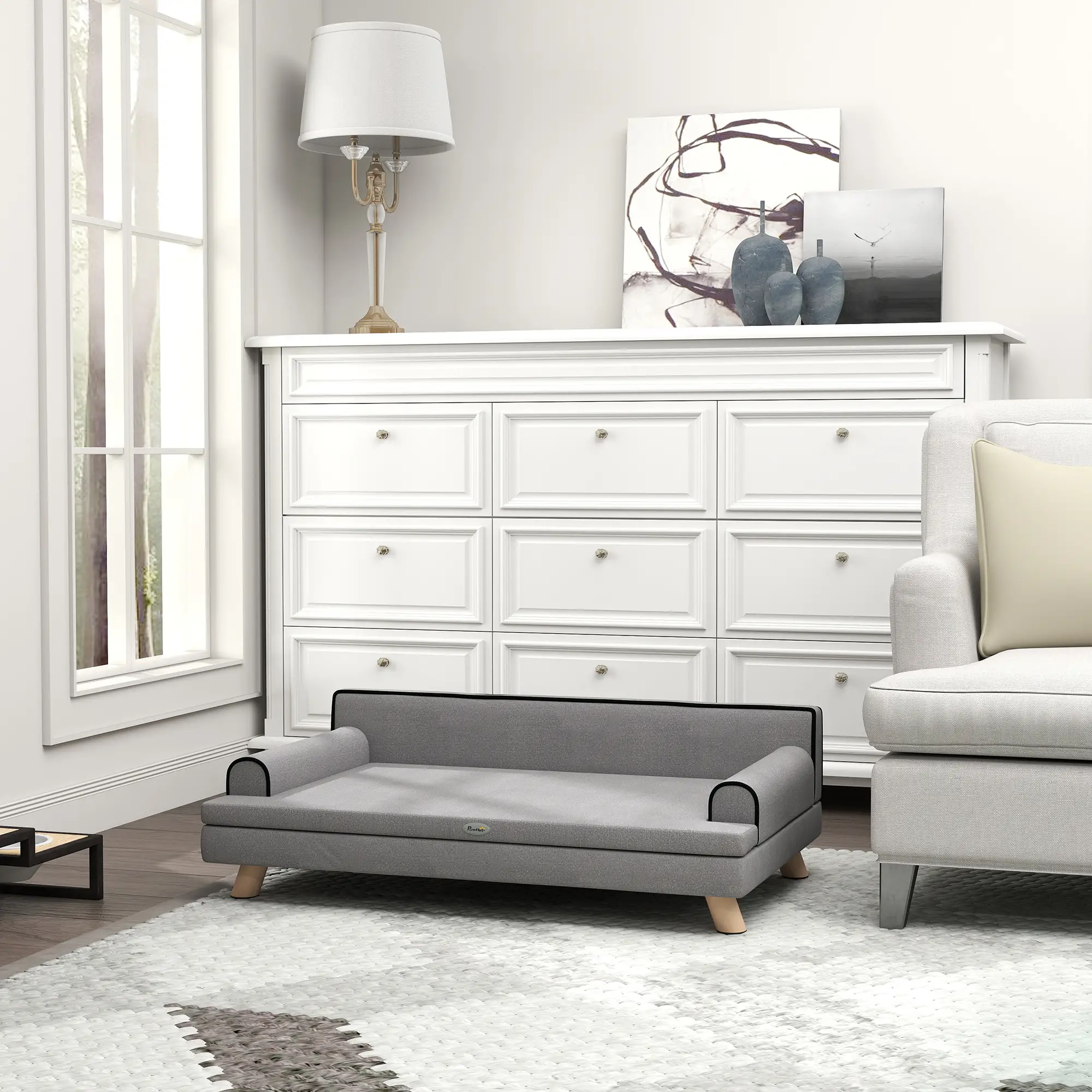 Elevated Dog Sofa Bed, Cat Couch with Cushion, Washable Cover, Wooden Legs, Medium & Large, Light Grey - Image 9