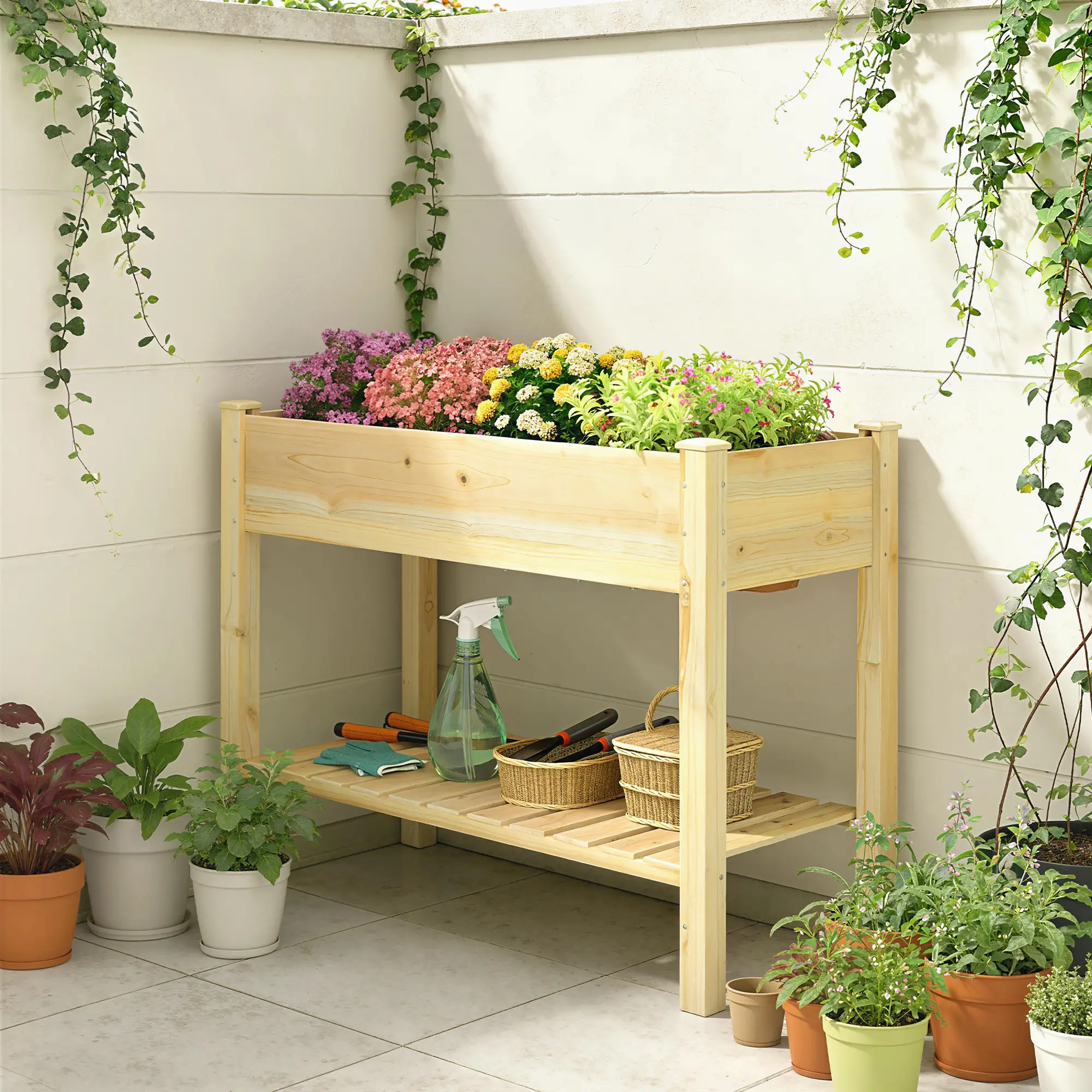 Elevated Planter Box With Legs, Storage Shelf, Raised Garden Bed, Natural - Image 10