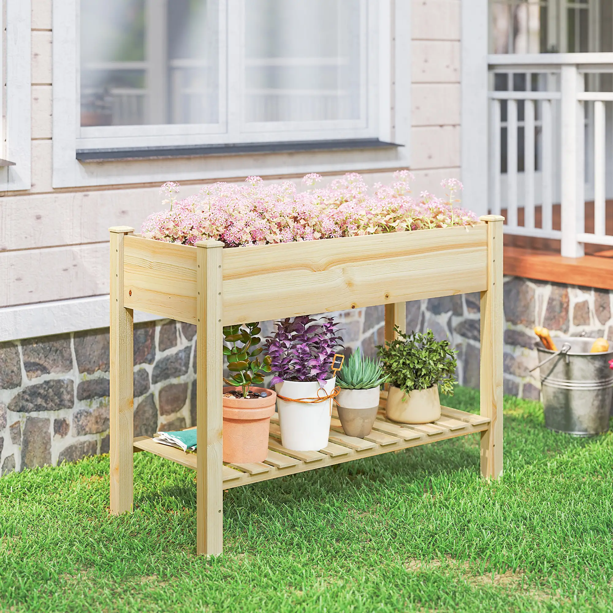 Elevated Planter Box With Legs, Storage Shelf, Raised Garden Bed, Natural - Image 9