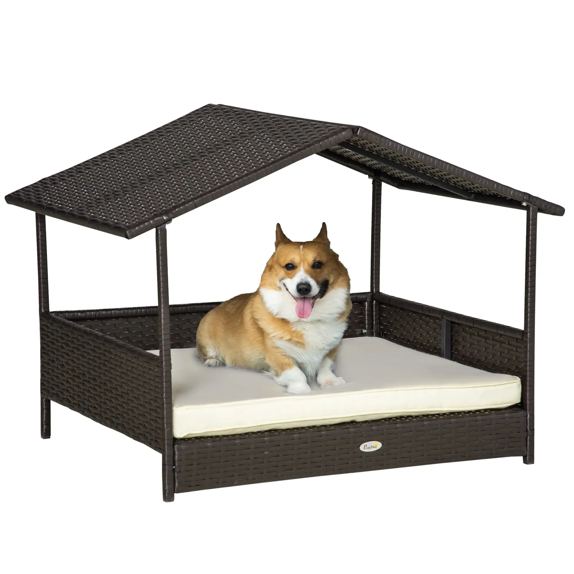 Elevated Rattan Dog House, Wicker Bed with Cushion, Small Medium Dogs, Cream White