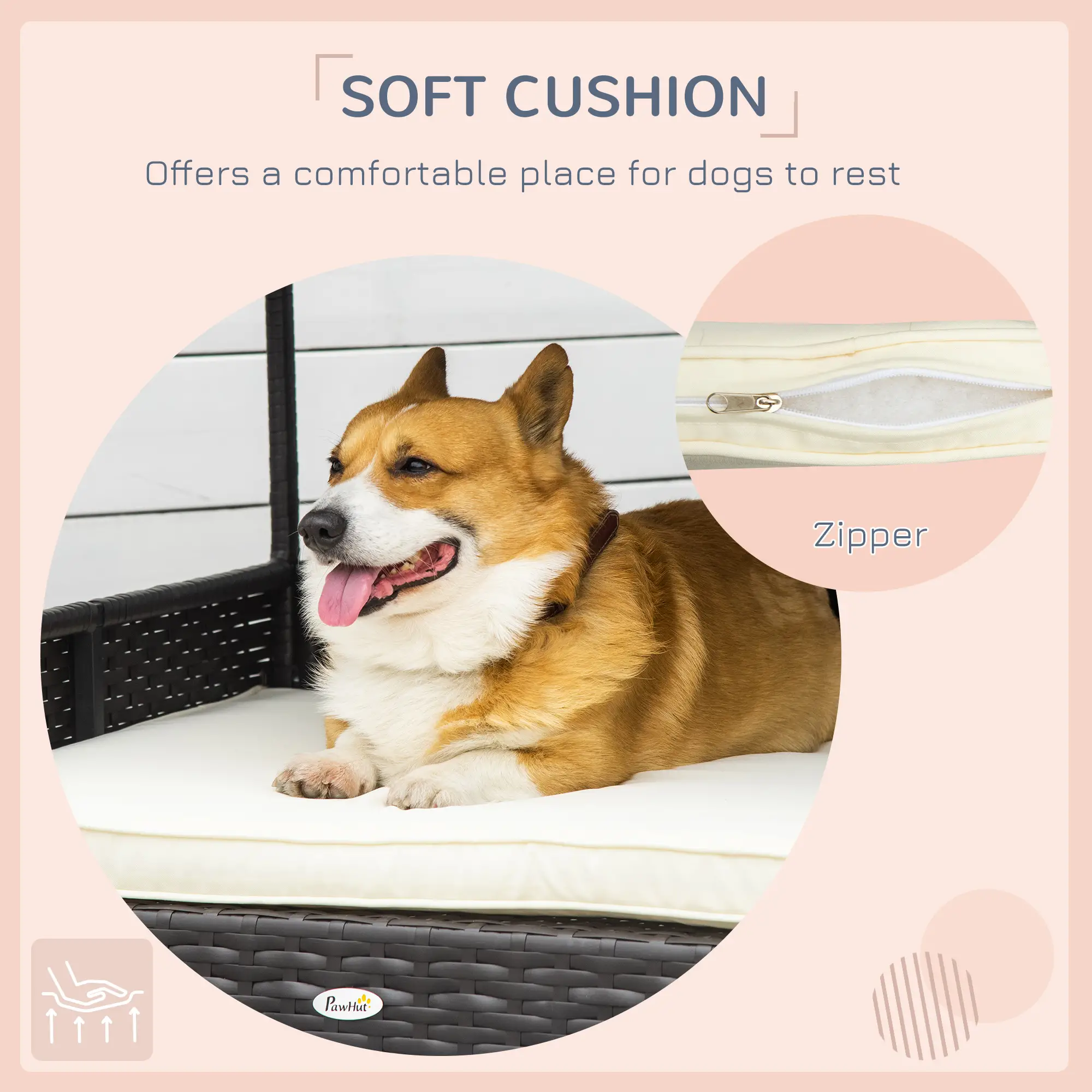 Elevated Rattan Dog House, Wicker Bed with Cushion, Small Medium Dogs, Cream White - Image 10