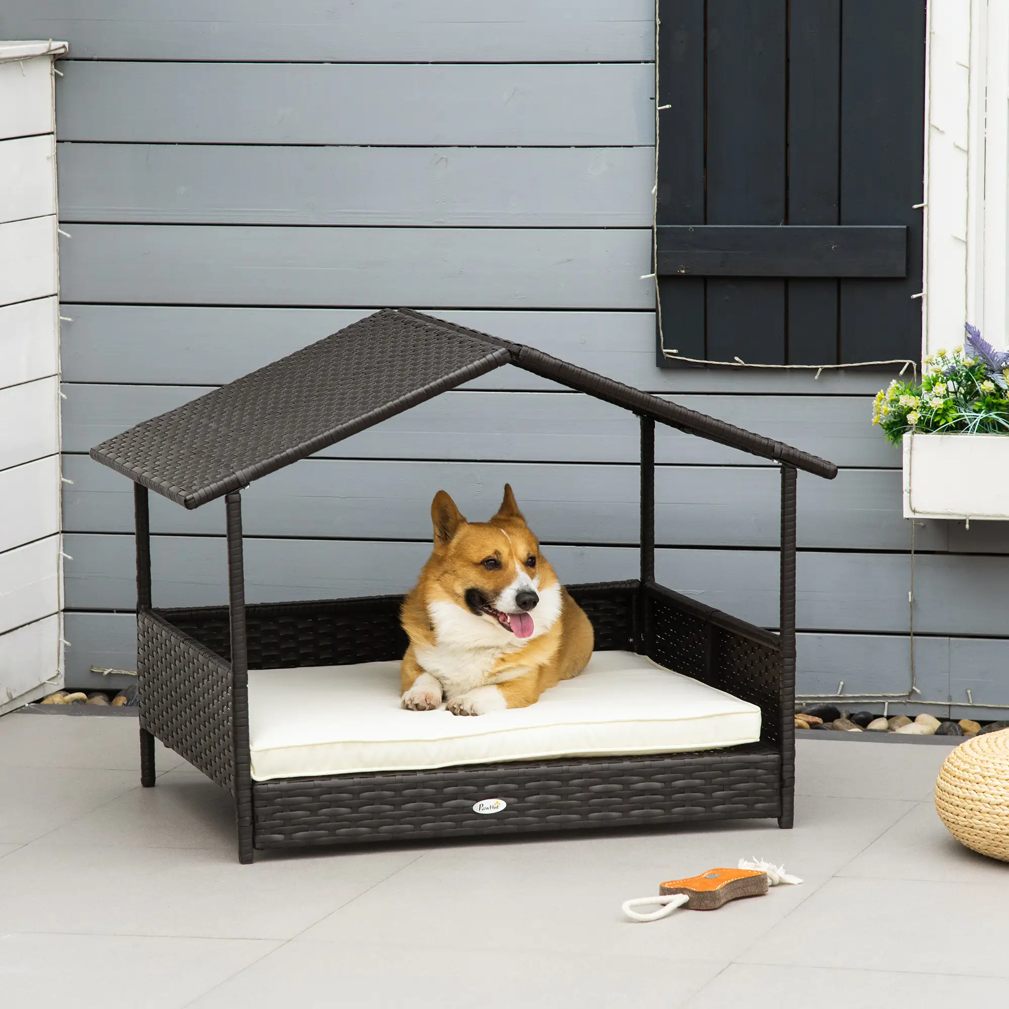 Elevated Rattan Dog House, Wicker Bed with Cushion, Small Medium Dogs, Cream White - Image 2