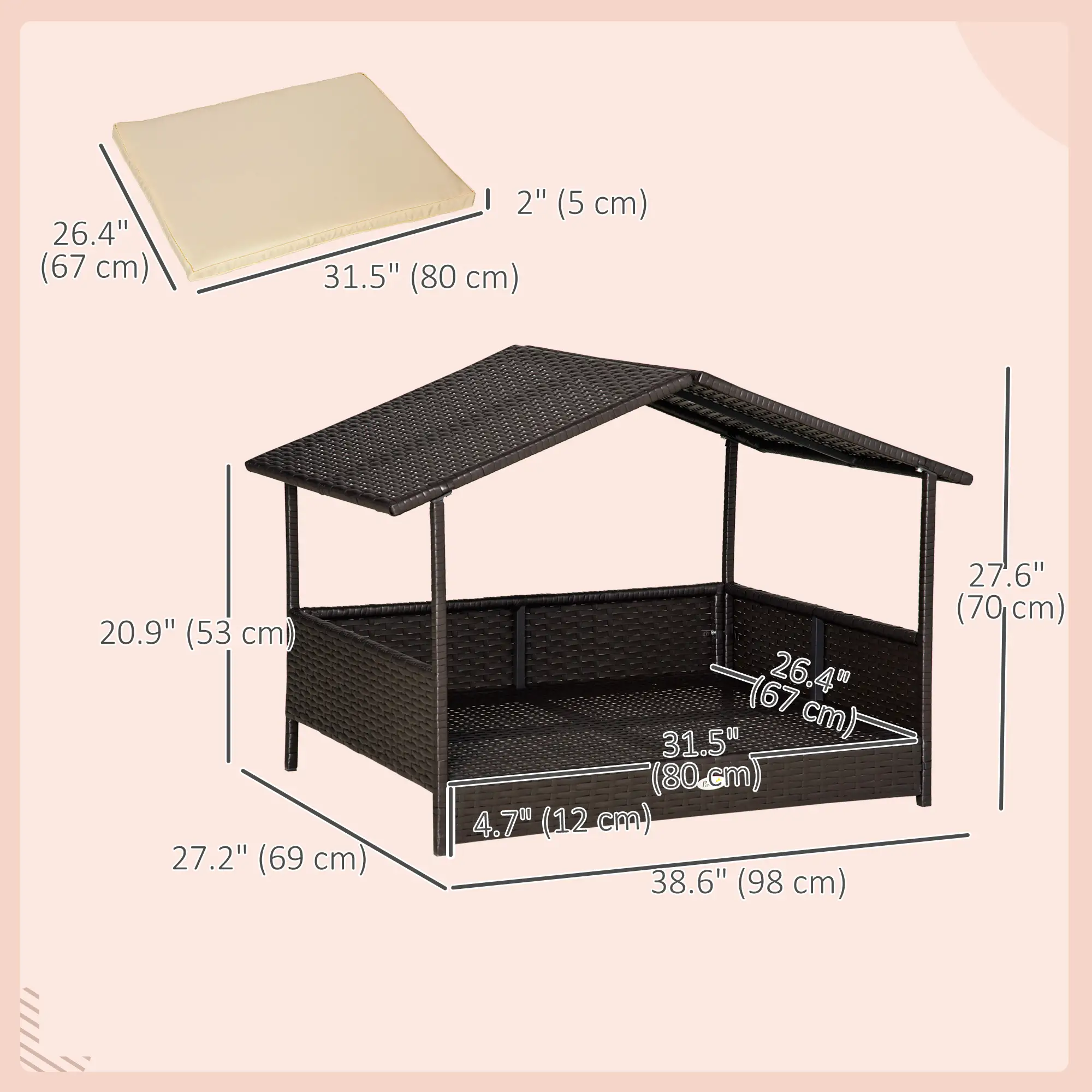Elevated Rattan Dog House, Wicker Bed with Cushion, Small Medium Dogs, Cream White - Image 3