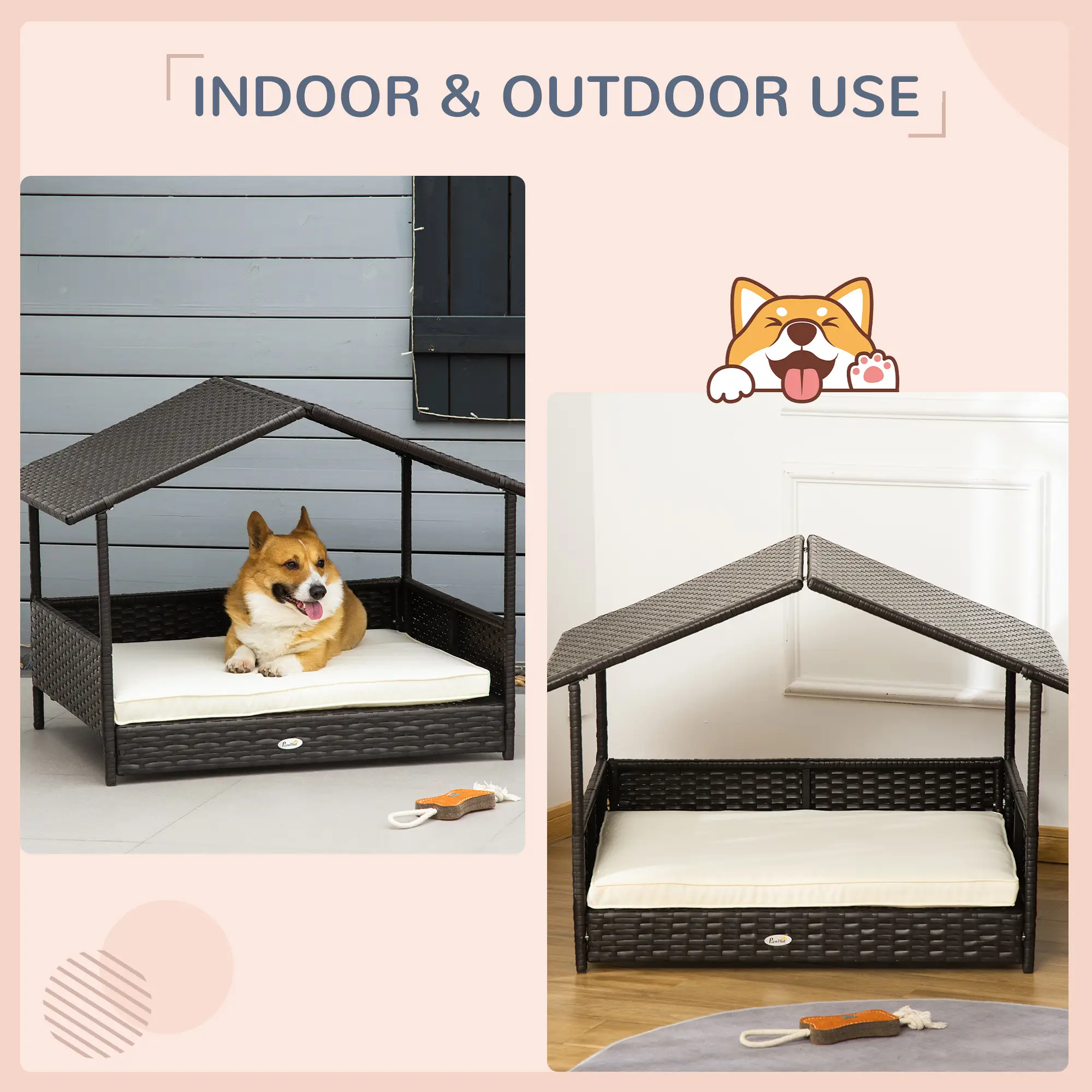 Elevated Rattan Dog House, Wicker Bed with Cushion, Small Medium Dogs, Cream White - Image 4