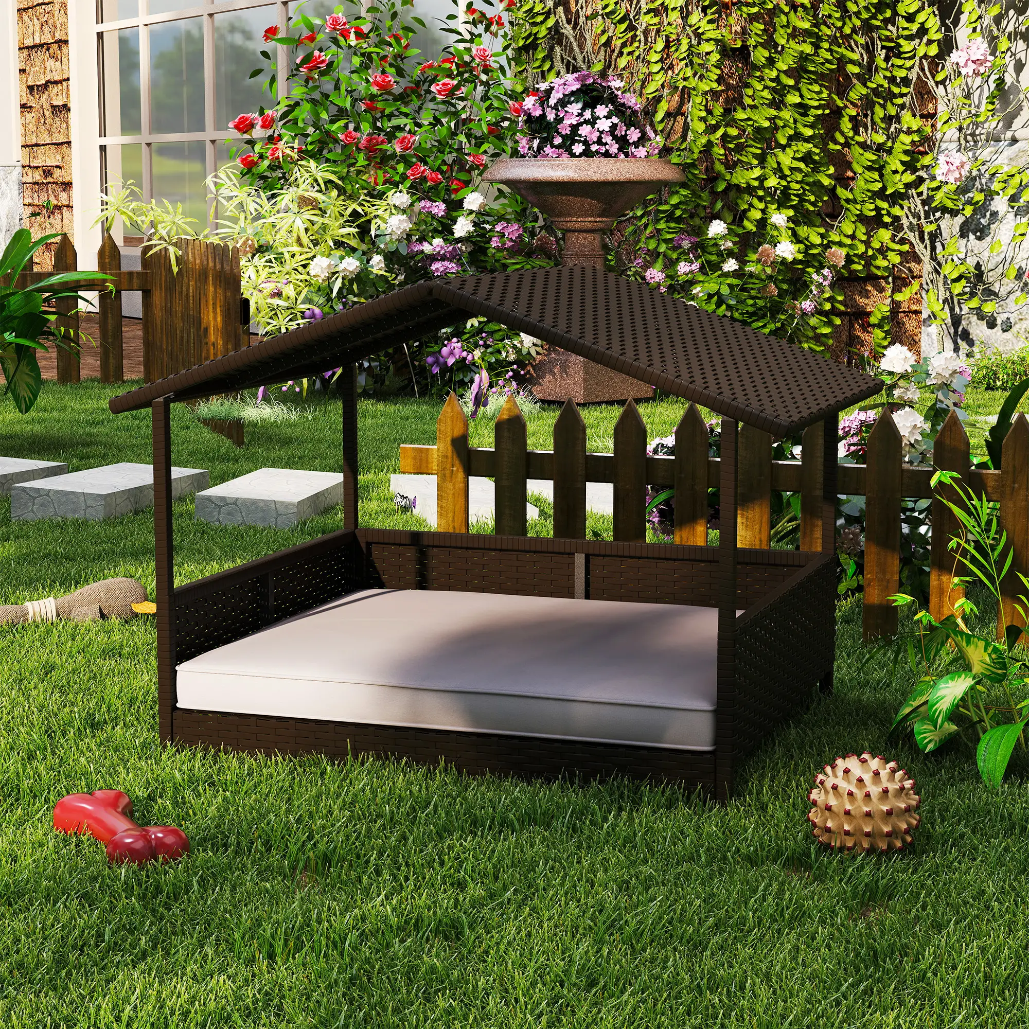 Elevated Rattan Dog House, Wicker Bed with Cushion, Small Medium Dogs, Cream White - Image 8