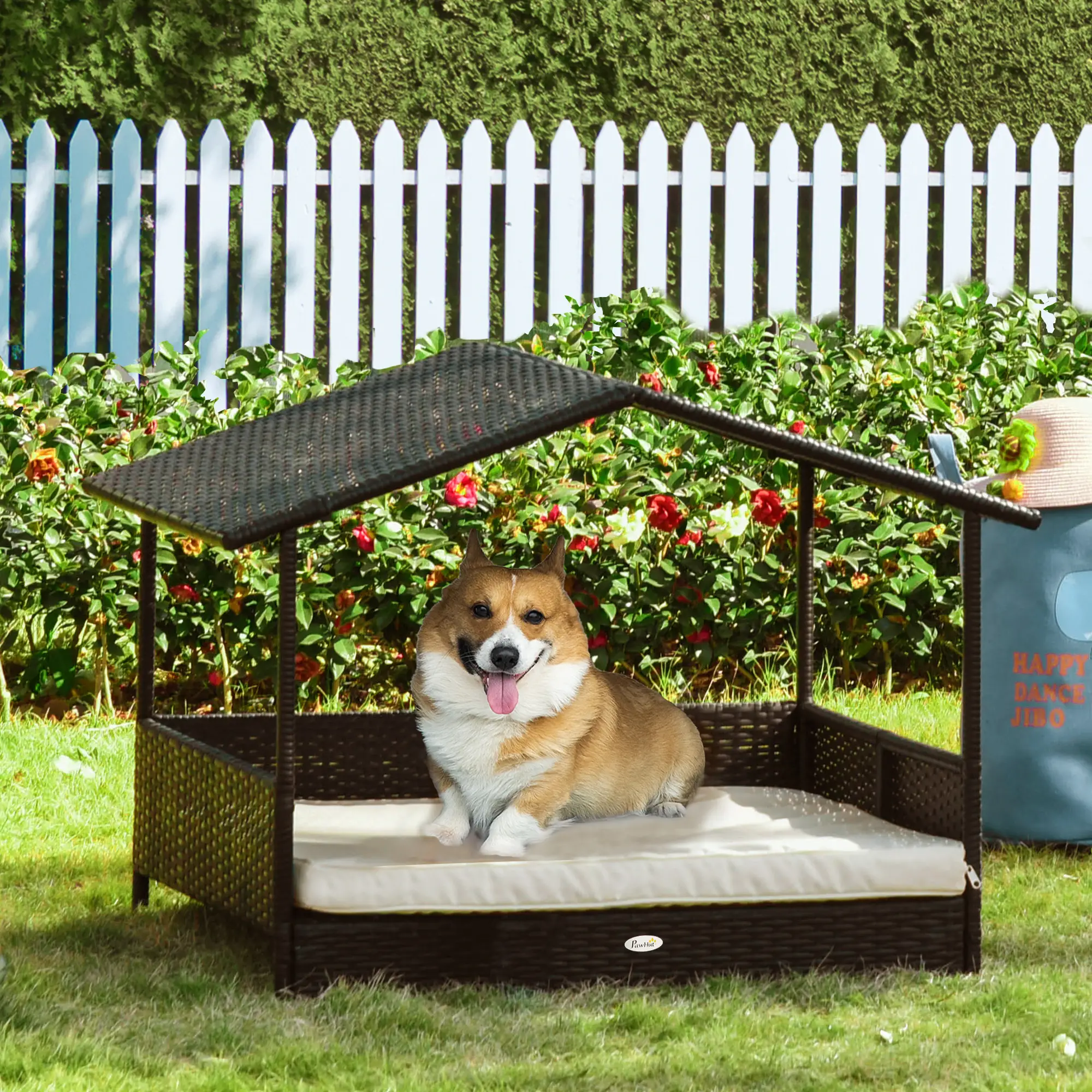 Elevated Rattan Dog House, Wicker Bed with Cushion, Small Medium Dogs, Cream White - Image 9