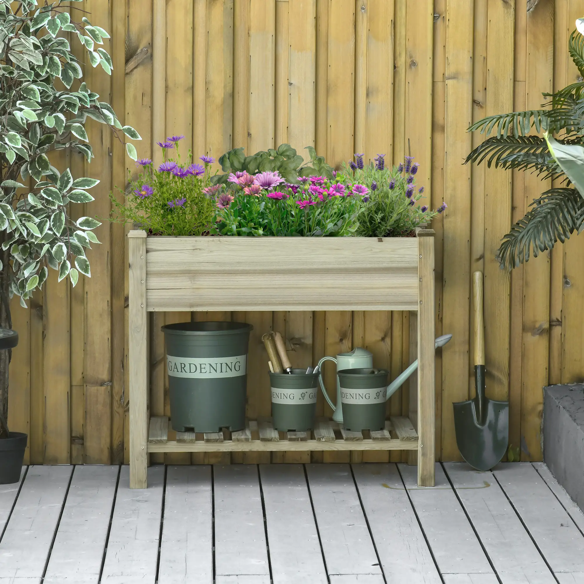 Elevated Wooden Planter Box With Legs And Storage Shelf, Green - Image 10