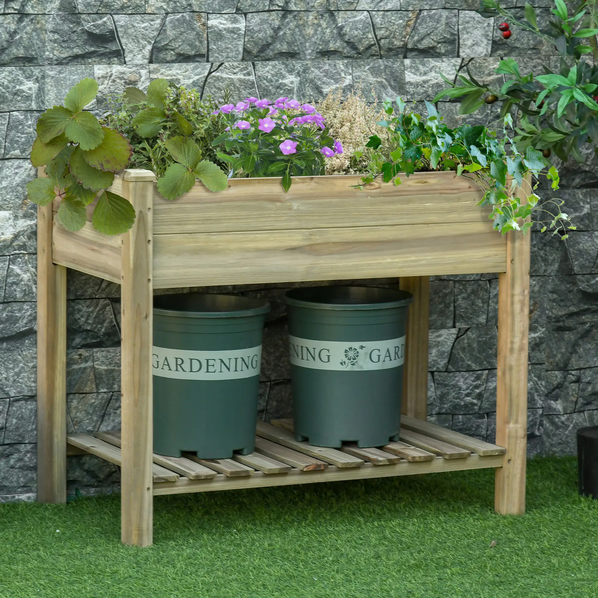 Elevated Wooden Planter Box With Legs And Storage Shelf, Green - Image 2