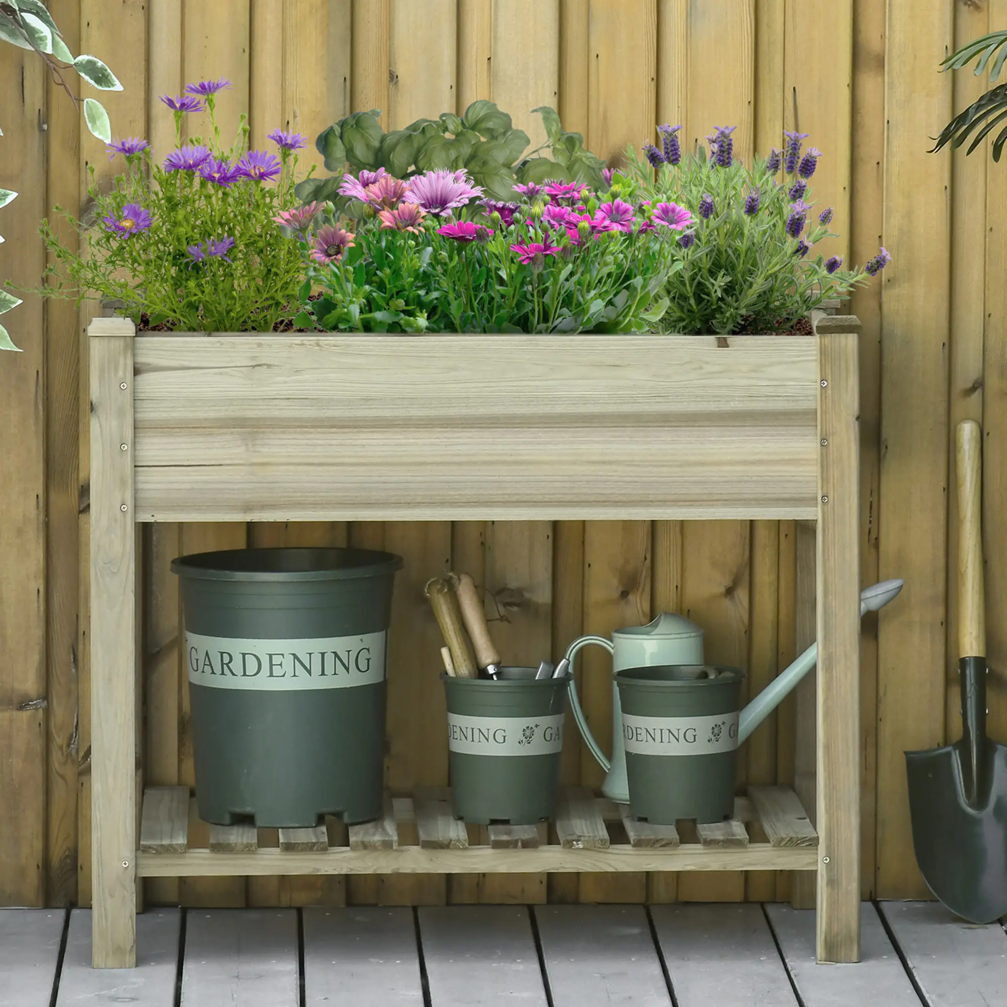 Elevated Wooden Planter Box With Legs And Storage Shelf, Green - Image 8