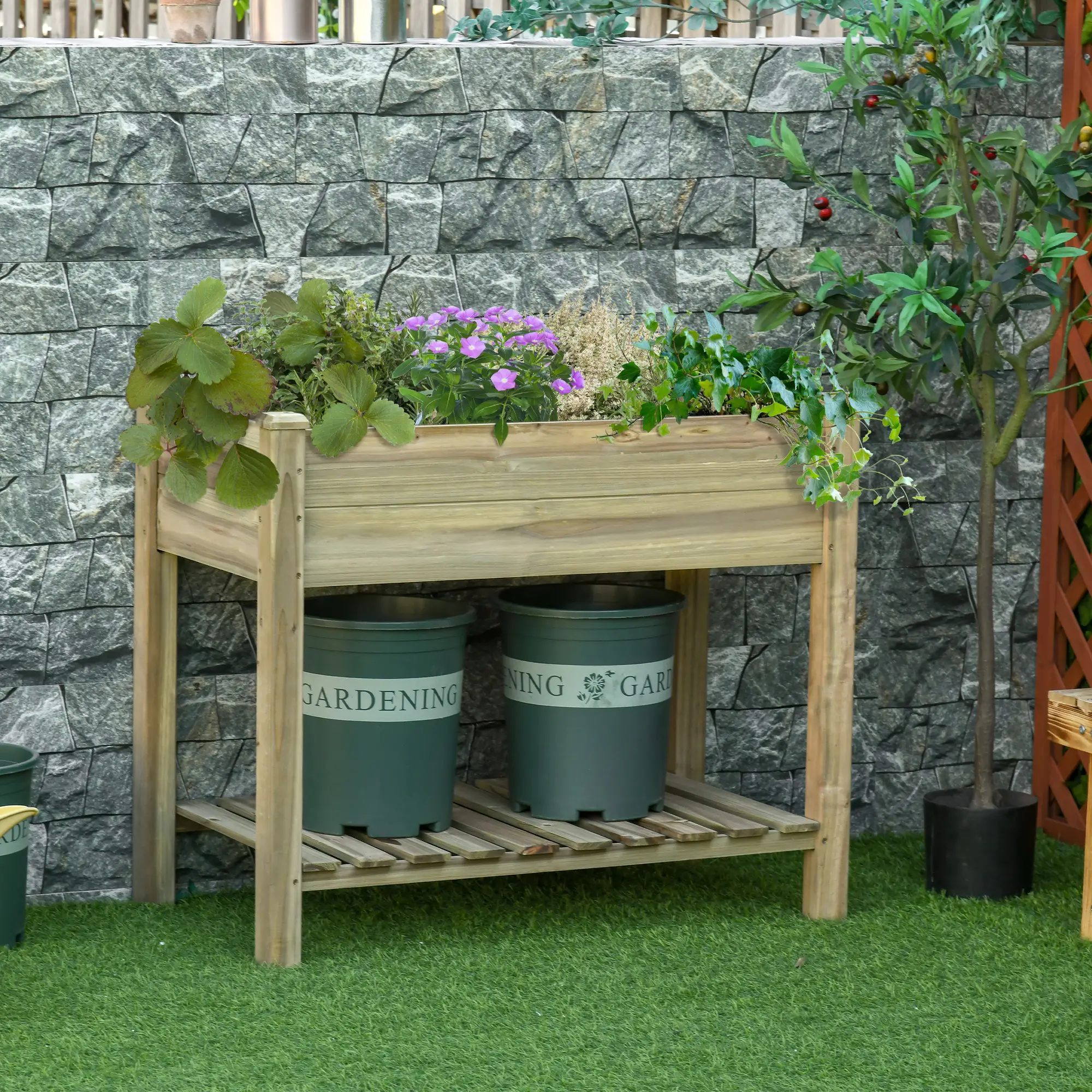 Elevated Wooden Planter Box With Legs And Storage Shelf, Green - Image 9
