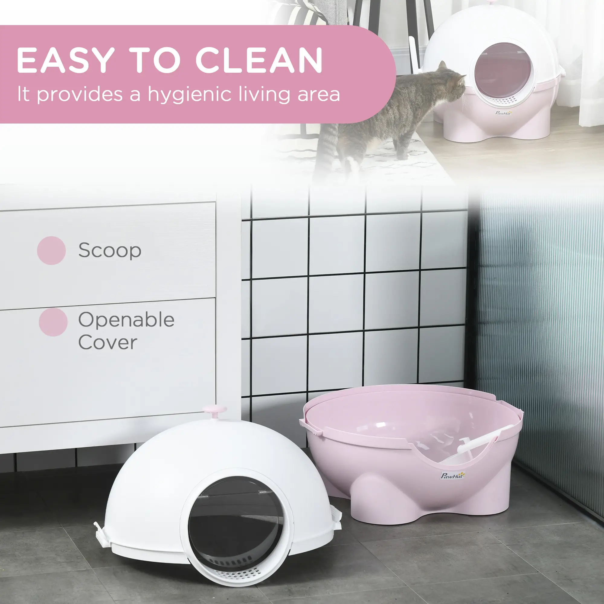 Enclosed Cat Litter Box, Large, with Lid, Scoop, Leak Proof Pedal, Pink - Image 5