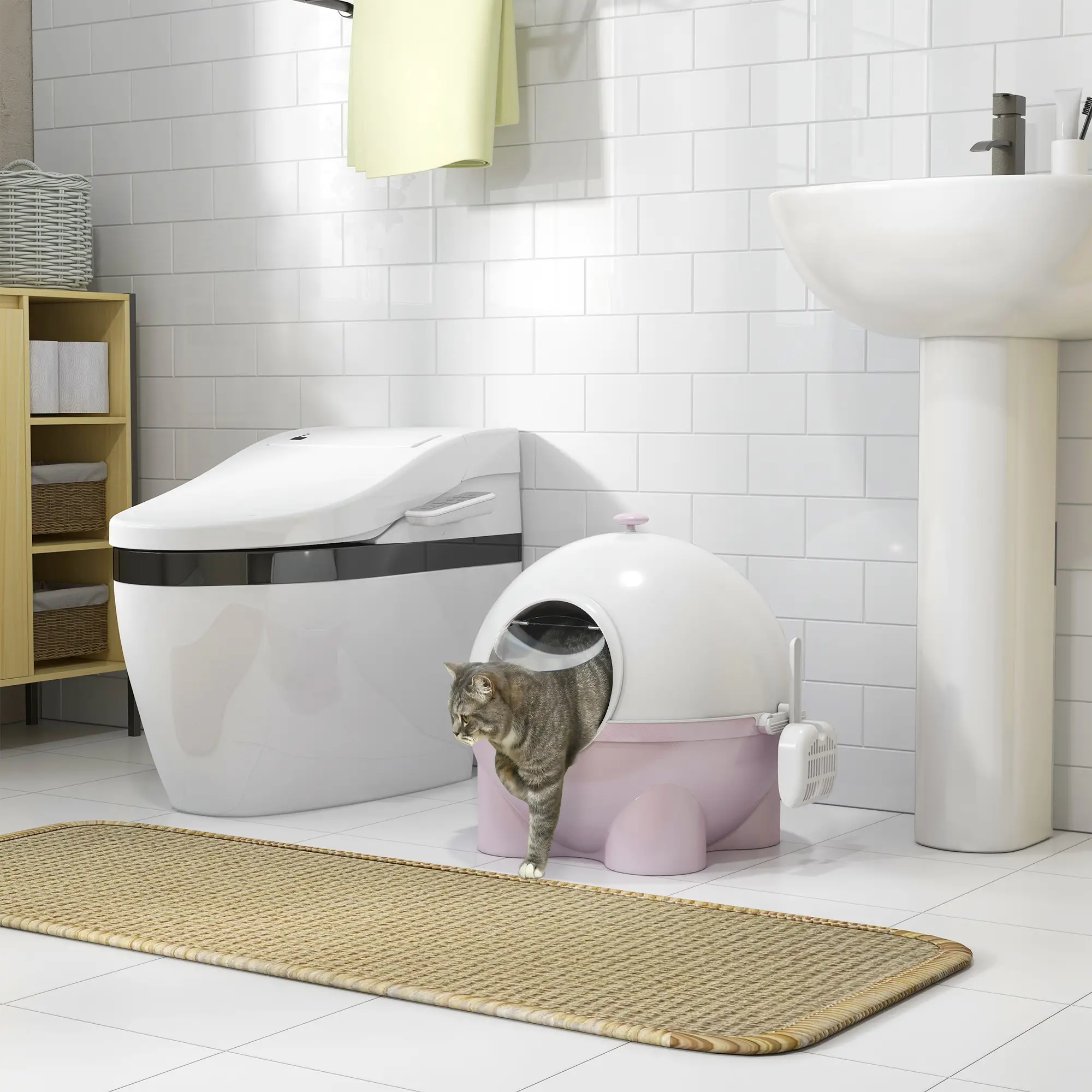 Enclosed Cat Litter Box, Large, with Lid, Scoop, Leak Proof Pedal, Pink - Image 8