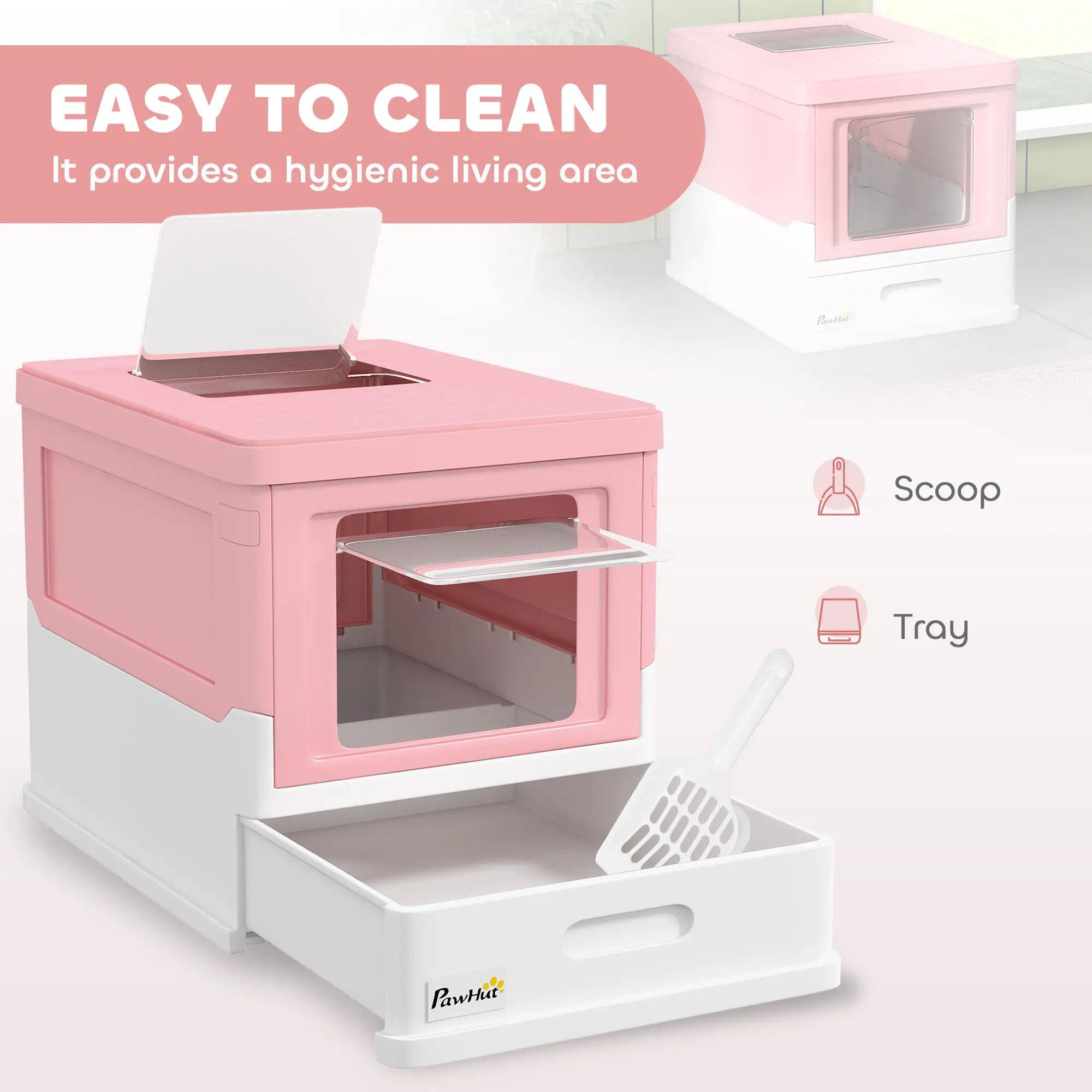 Enclosed Kitty Litter Box, Large, with Scoop, Tray, Pink - Image 4