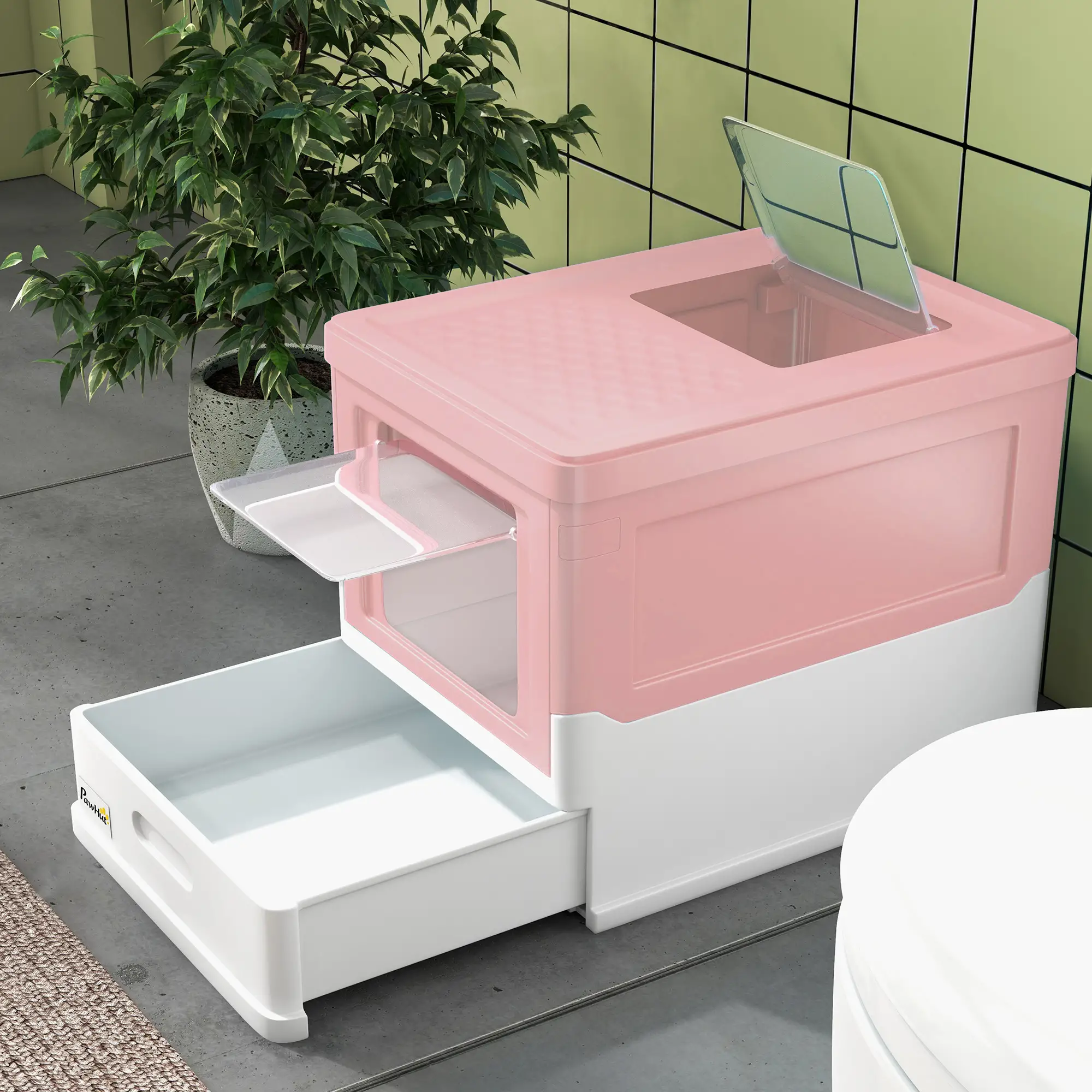 Enclosed Kitty Litter Box, Large, with Scoop, Tray, Pink - Image 9