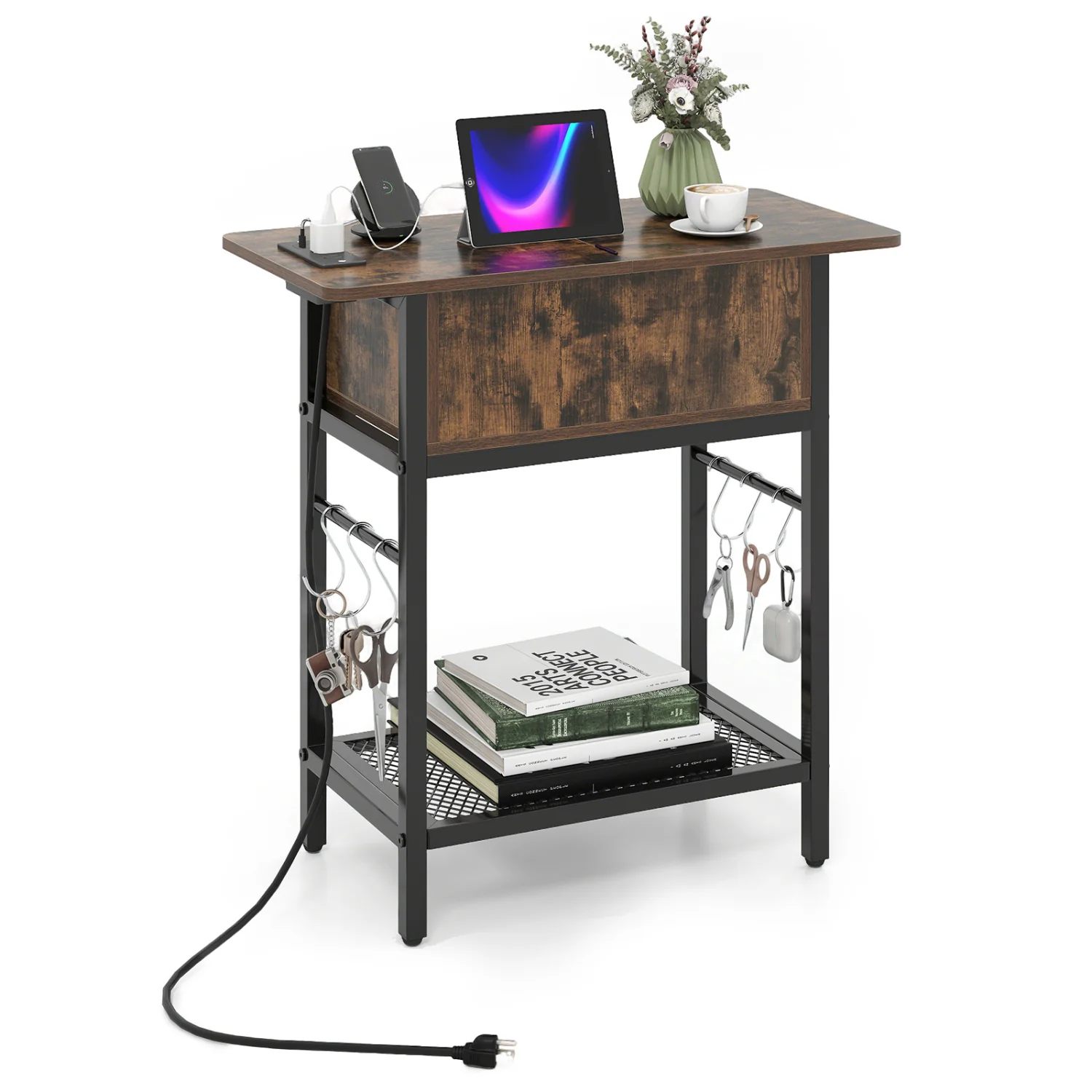End Table With Charging Station, USB Ports, Flip Top