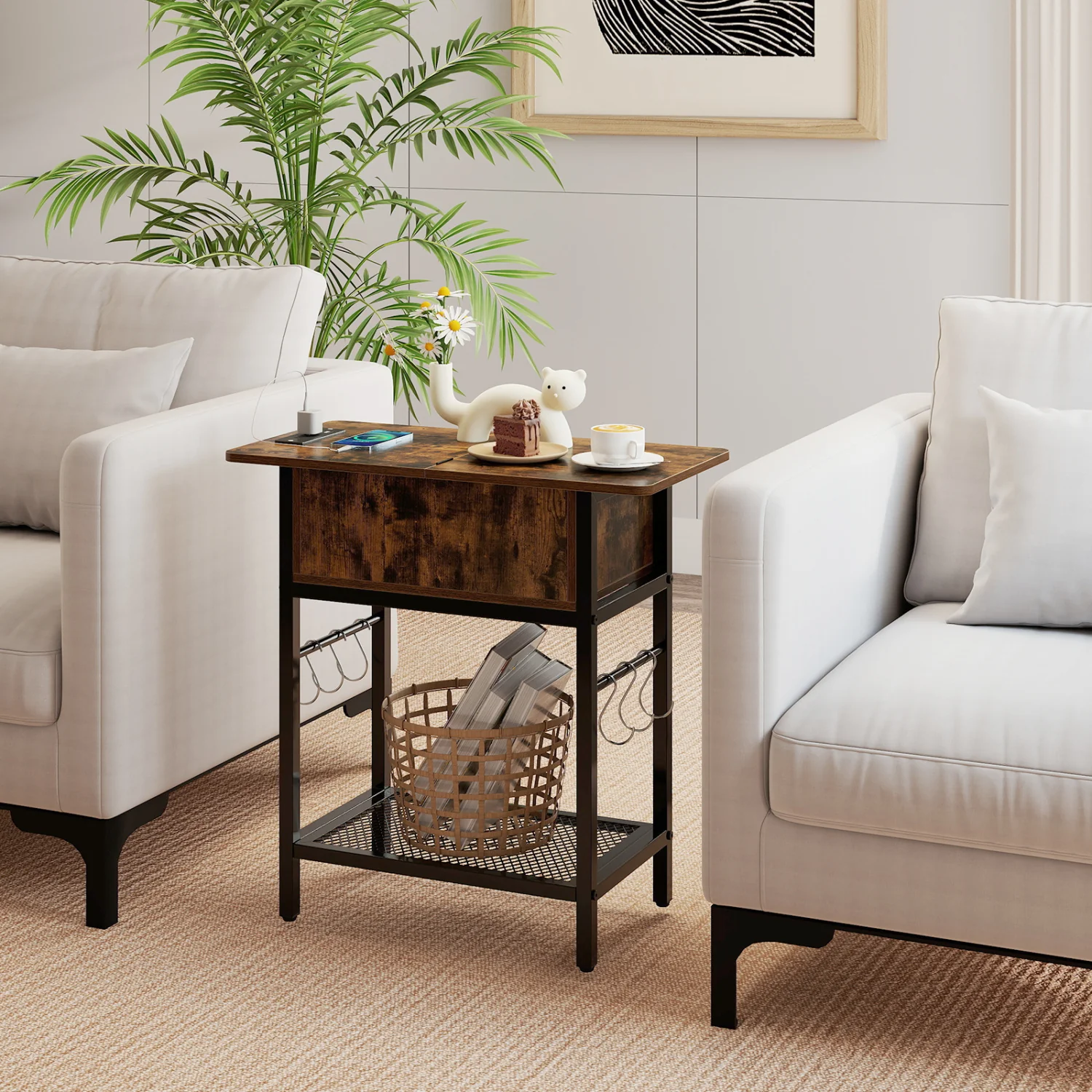 End Table With Charging Station, USB Ports, Flip Top - Image 3