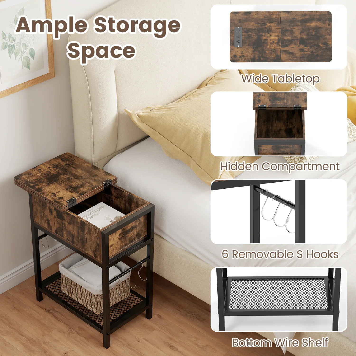 End Table With Charging Station, USB Ports, Flip Top - Image 7