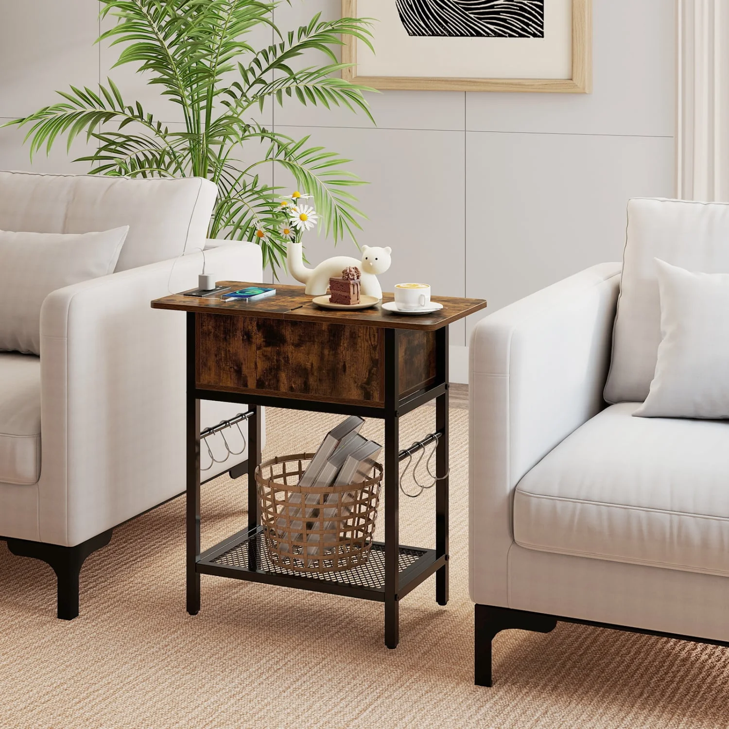 End Table With Charging Station USB Ports, Flip Top Coffee - Image 3