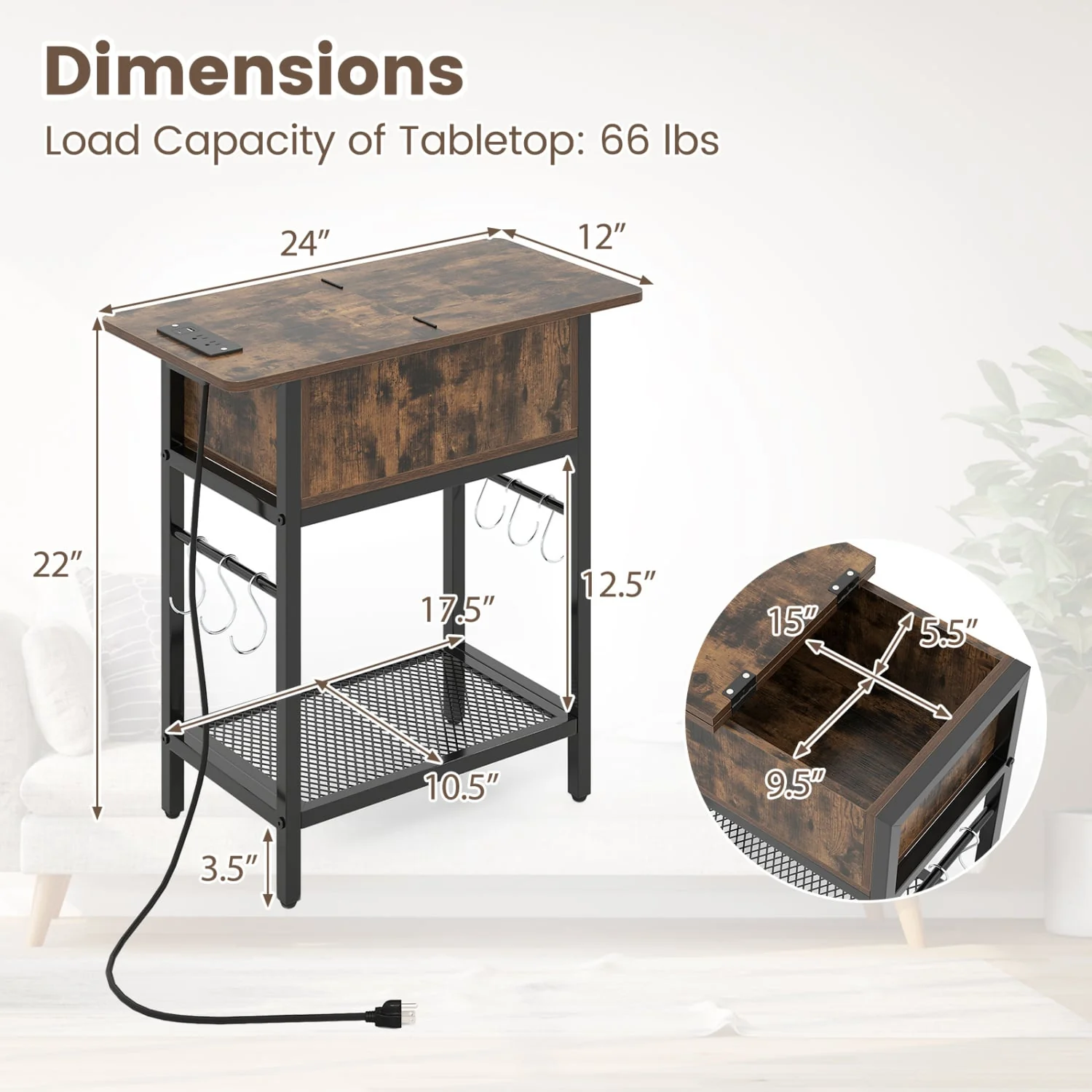 End Table With Charging Station USB Ports, Flip Top Coffee - Image 5