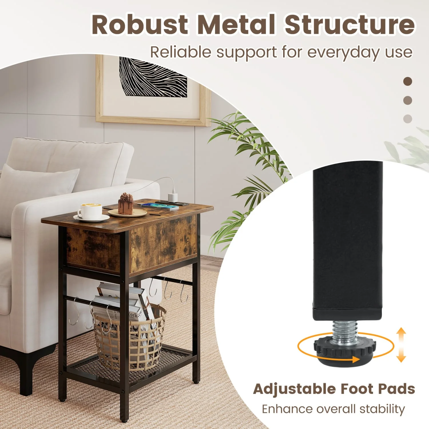 End Table With Charging Station USB Ports, Flip Top Coffee - Image 8