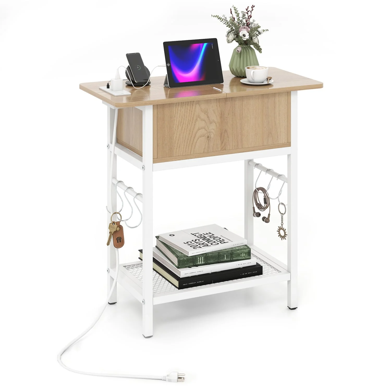 End Table With Charging Station, USB Ports, Flip Top, Natural