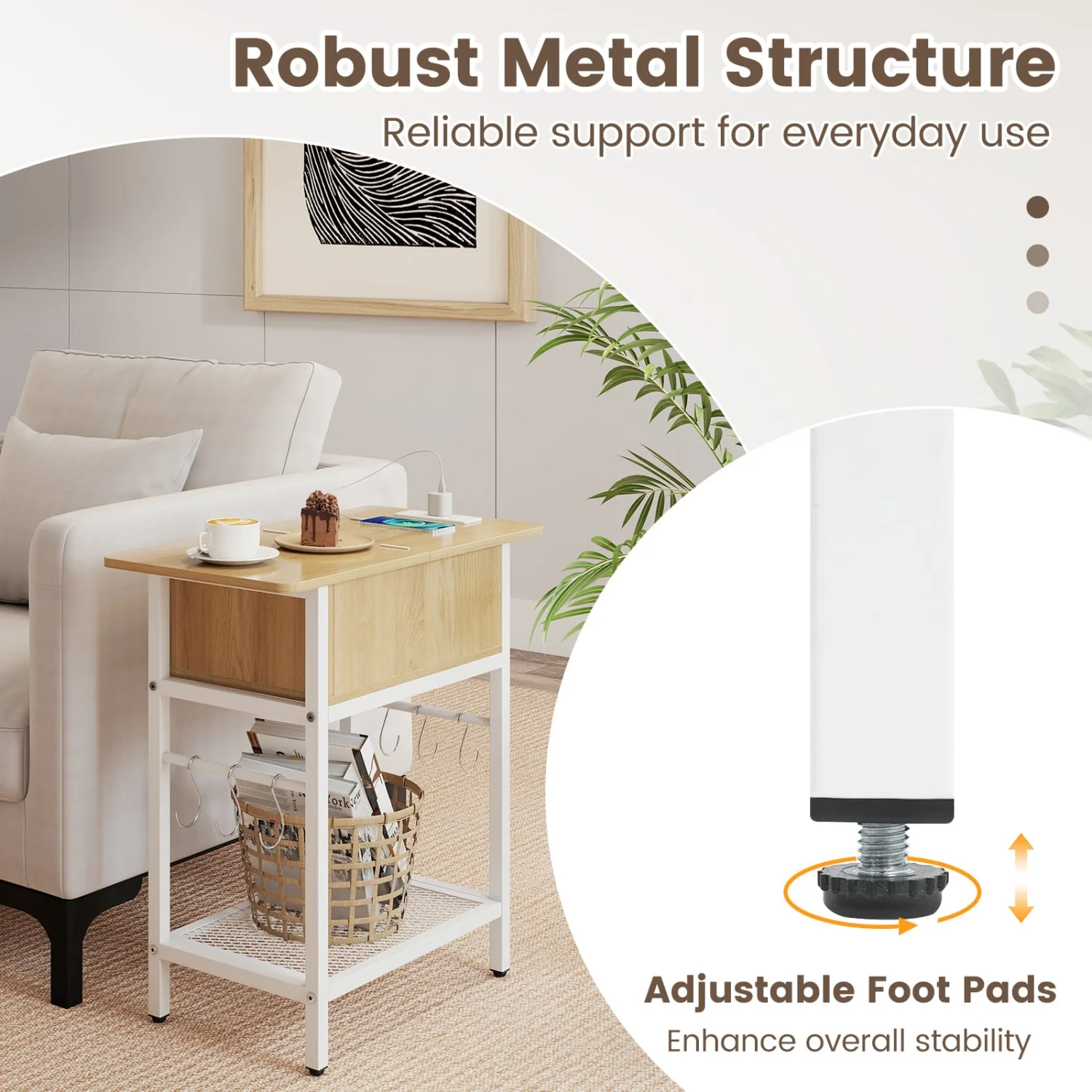 End Table With Charging Station, USB Ports, Flip Top, Natural - Image 8