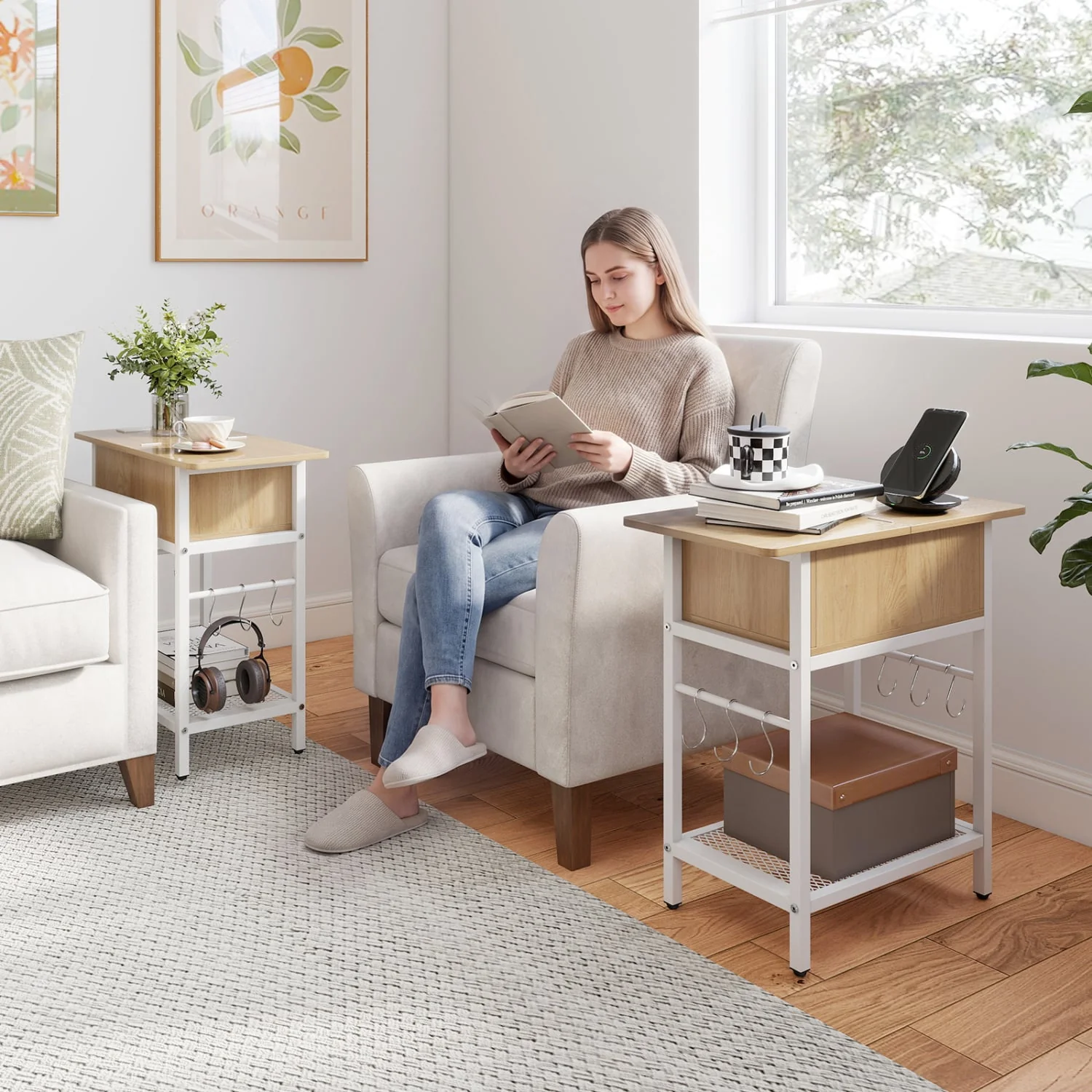 End Table With Charging Station, USB Ports, Flip Top, Natural - Image 9