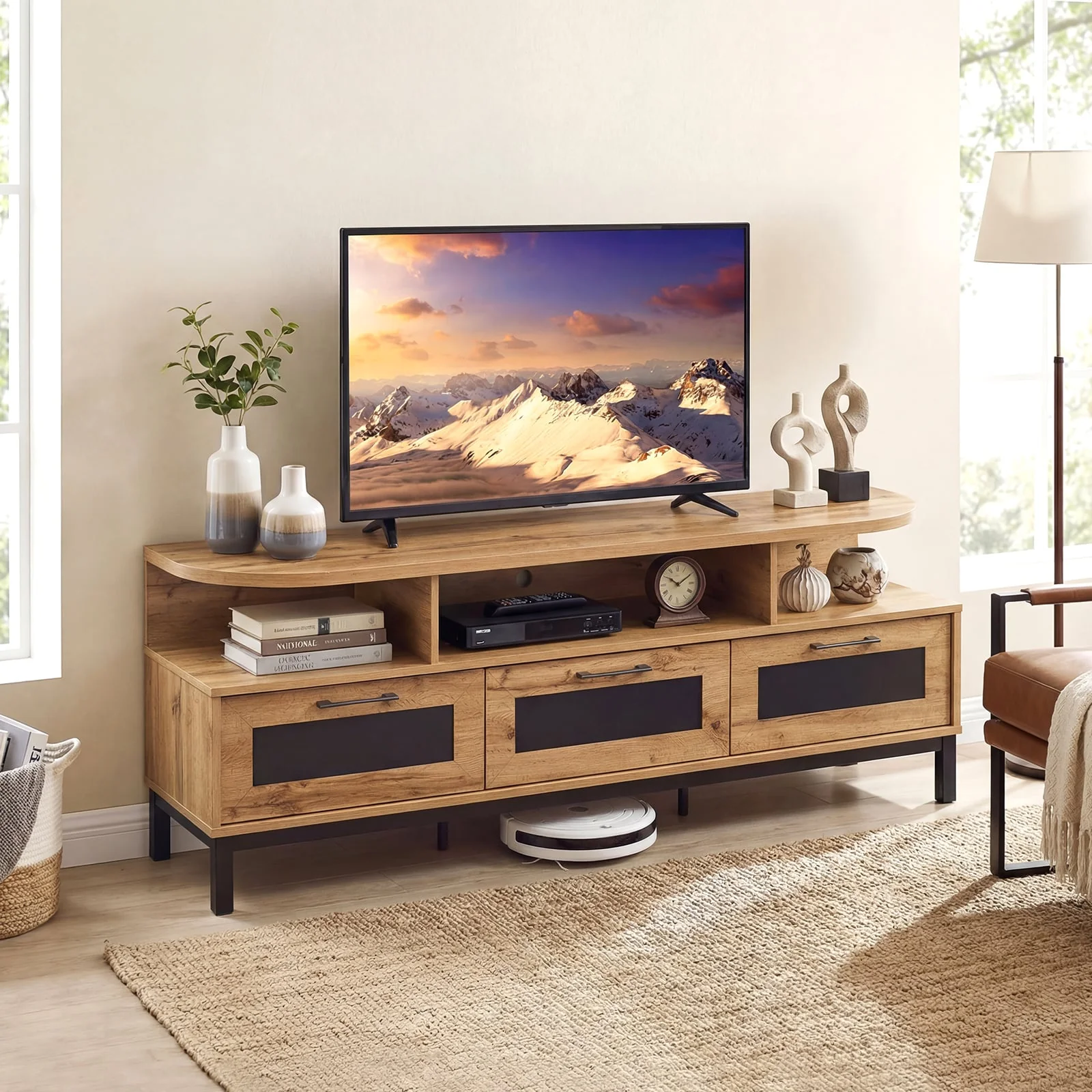 Entertainment Center, 3 Storage Drawers, Open Shelves, Natural - Image 2