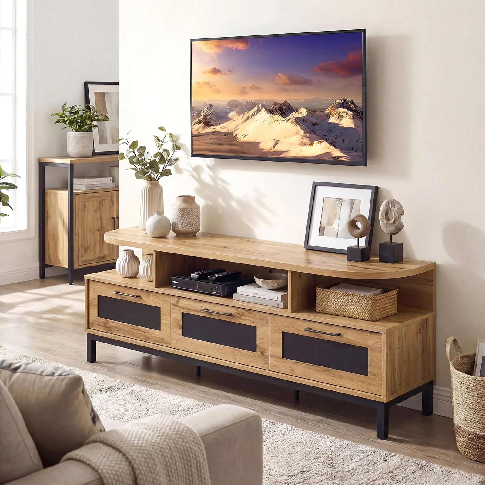 Entertainment Center, 3 Storage Drawers, Open Shelves, Natural - Image 3