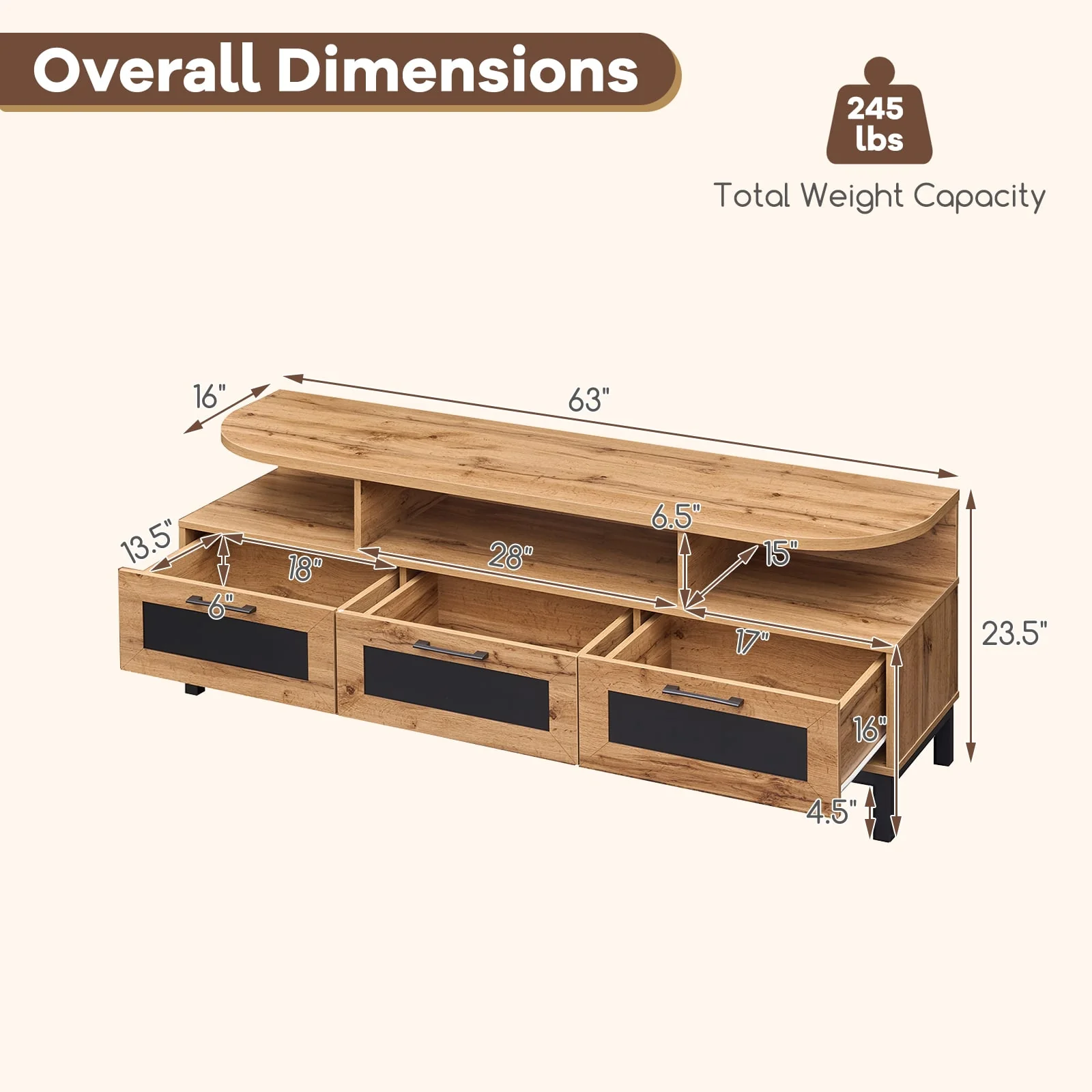 Entertainment Center, 3 Storage Drawers, Open Shelves, Natural - Image 5