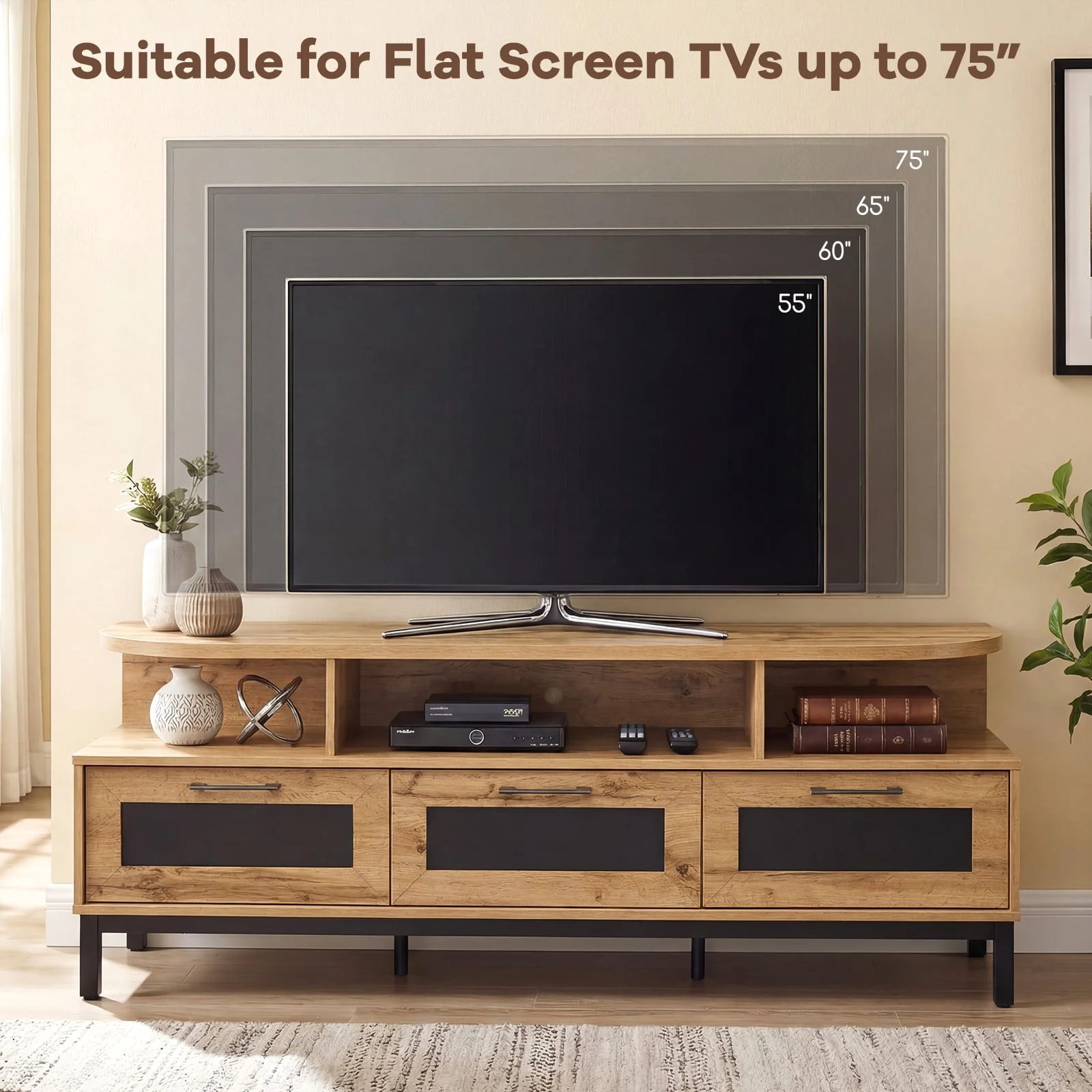 Entertainment Center, 3 Storage Drawers, Open Shelves, Natural - Image 8