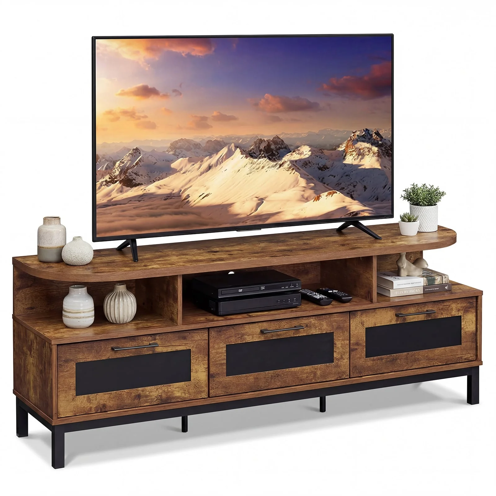 Entertainment Center, 3 Storage Drawers, Open Shelves, Brown