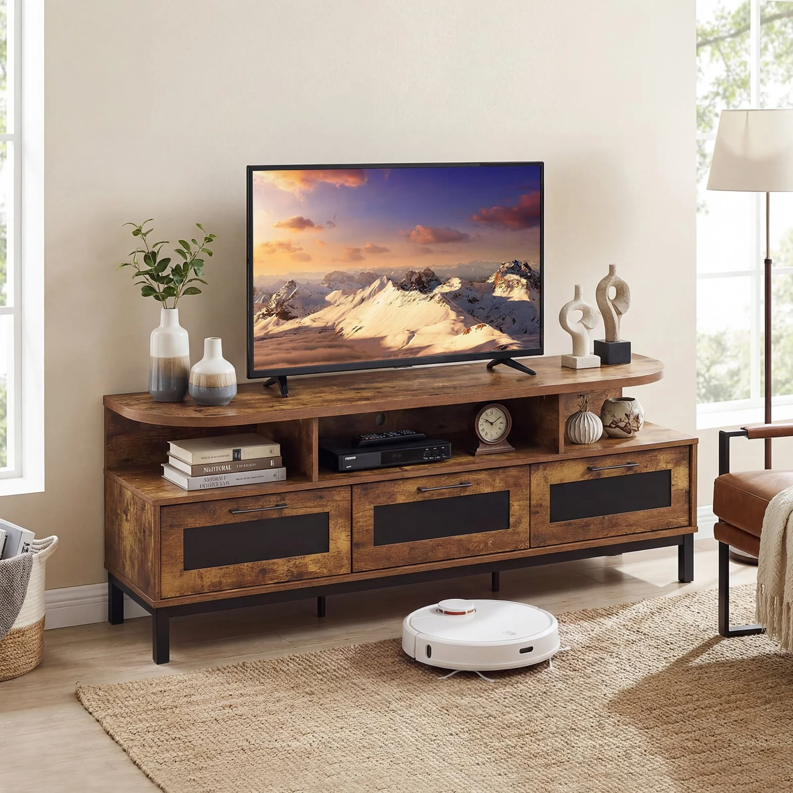 Entertainment Center, 3 Storage Drawers, Open Shelves, Brown - Image 2