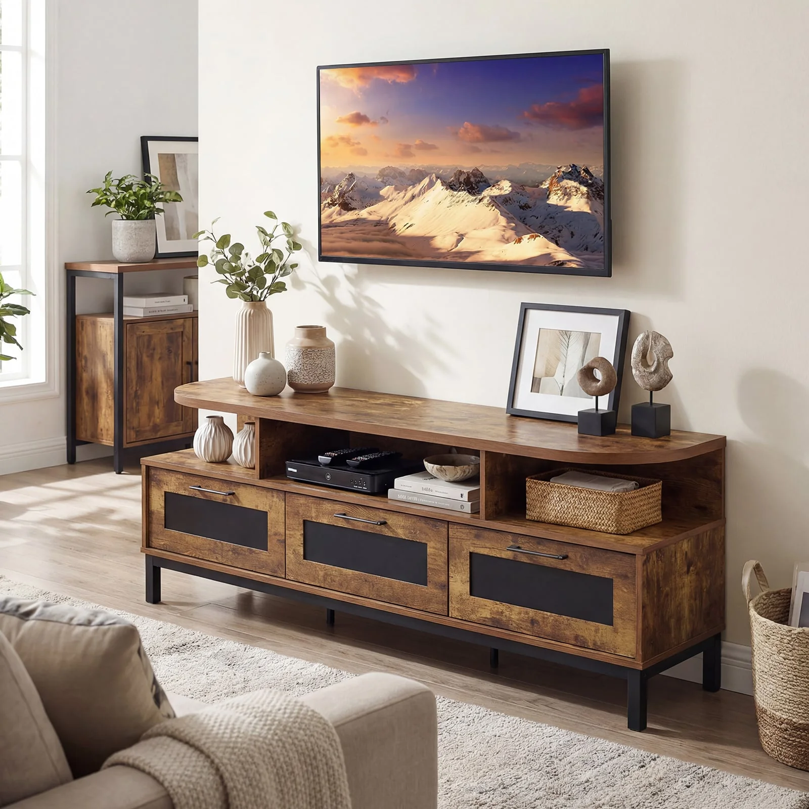 Entertainment Center, 3 Storage Drawers, Open Shelves, Brown - Image 3