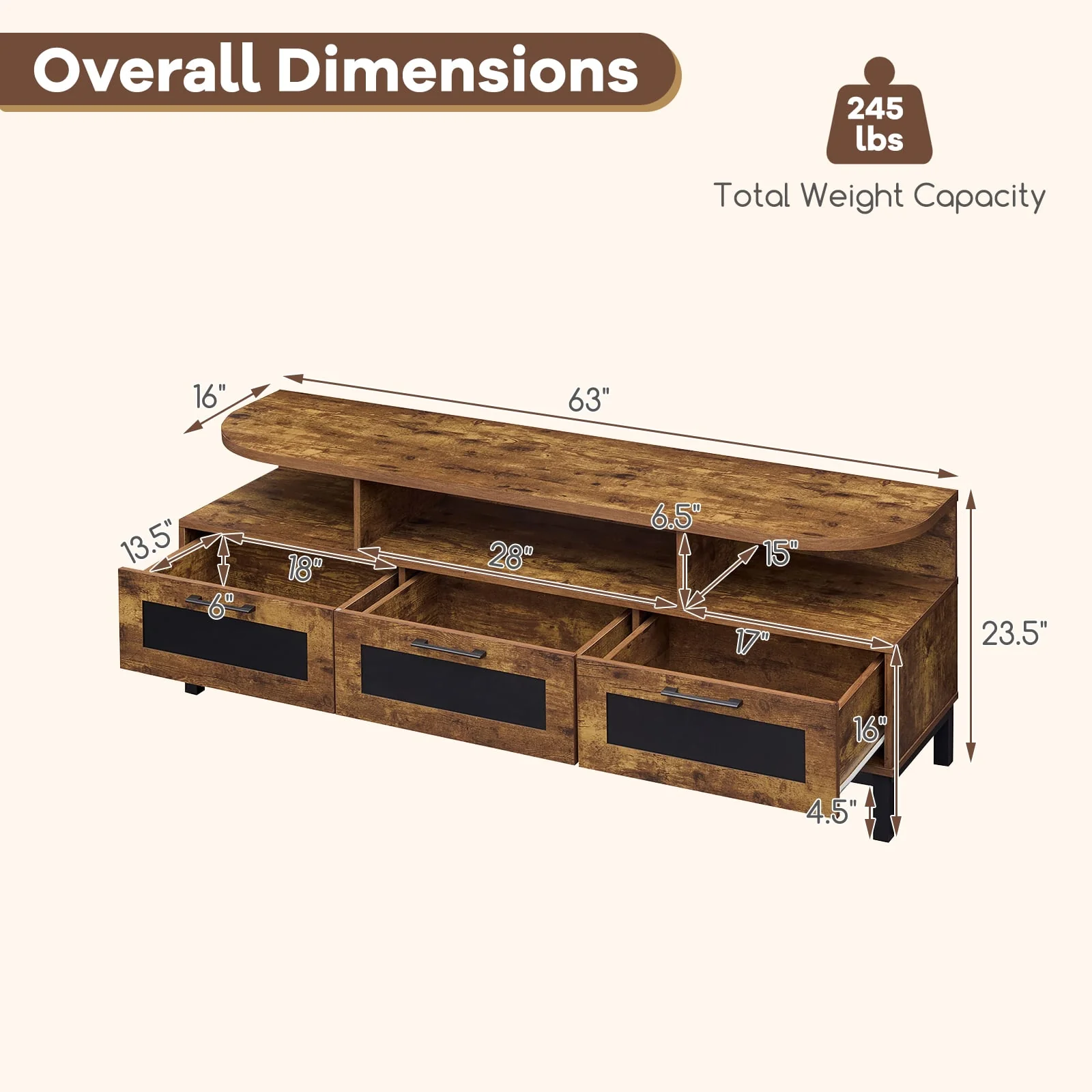 Entertainment Center, 3 Storage Drawers, Open Shelves, Brown - Image 5