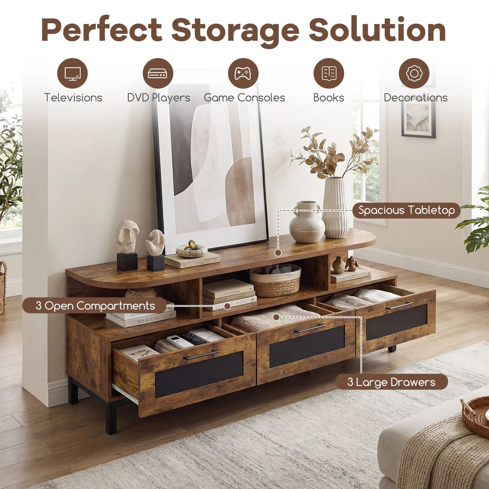 Entertainment Center, 3 Storage Drawers, Open Shelves, Brown - Image 6